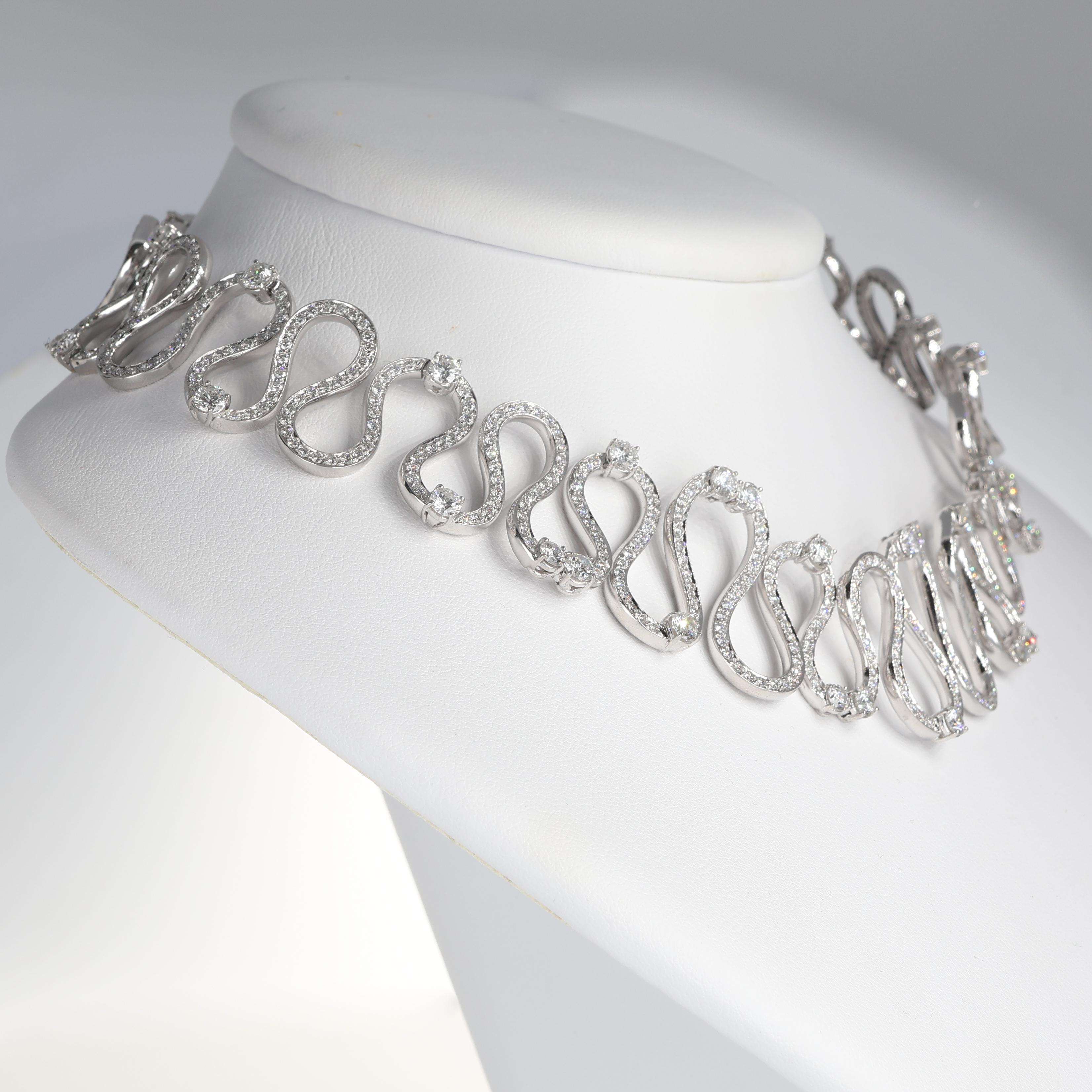 Brilliant Cut 18K White Gold Diamond Wave Choker Necklace For Sale