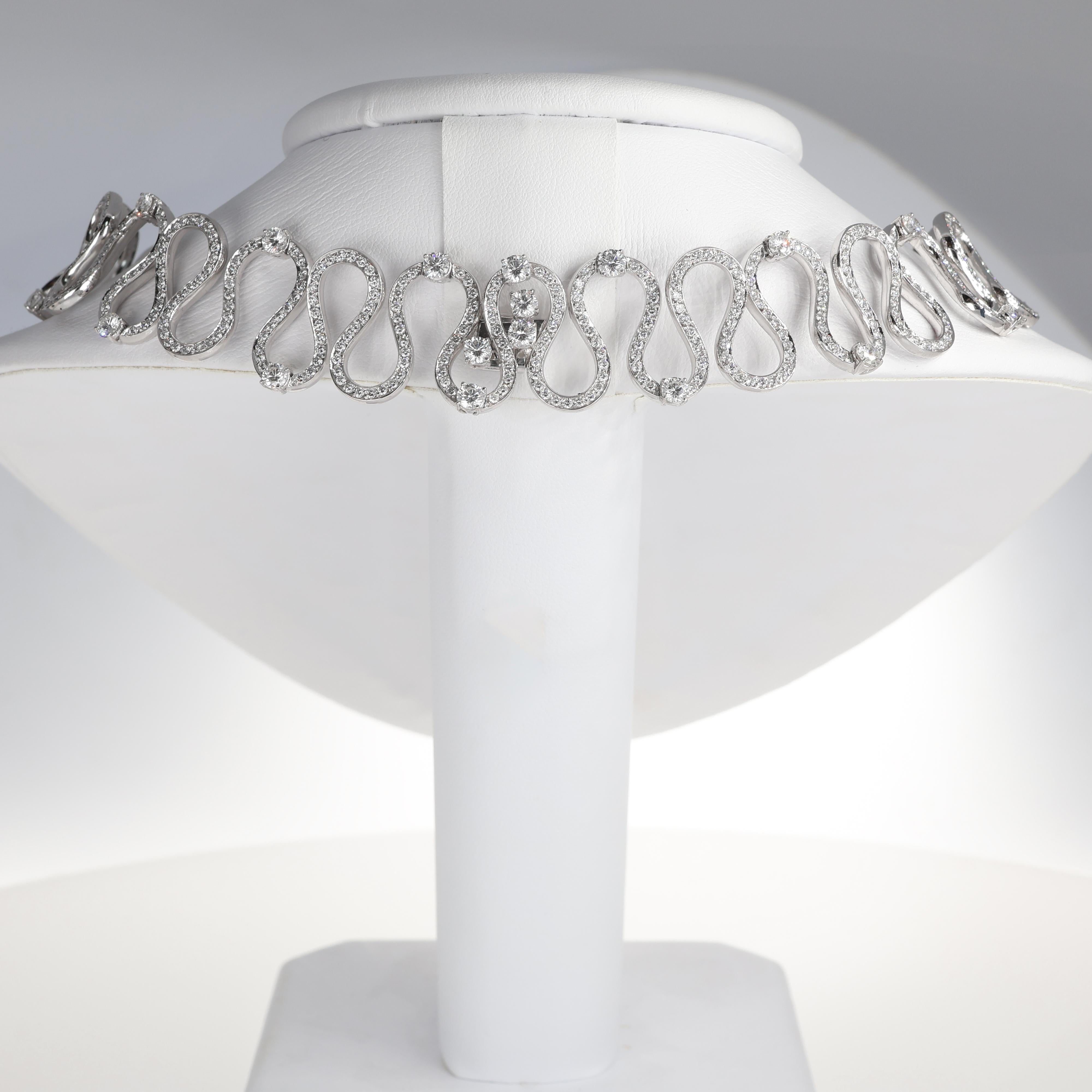 Women's or Men's 18K White Gold Diamond Wave Choker Necklace For Sale