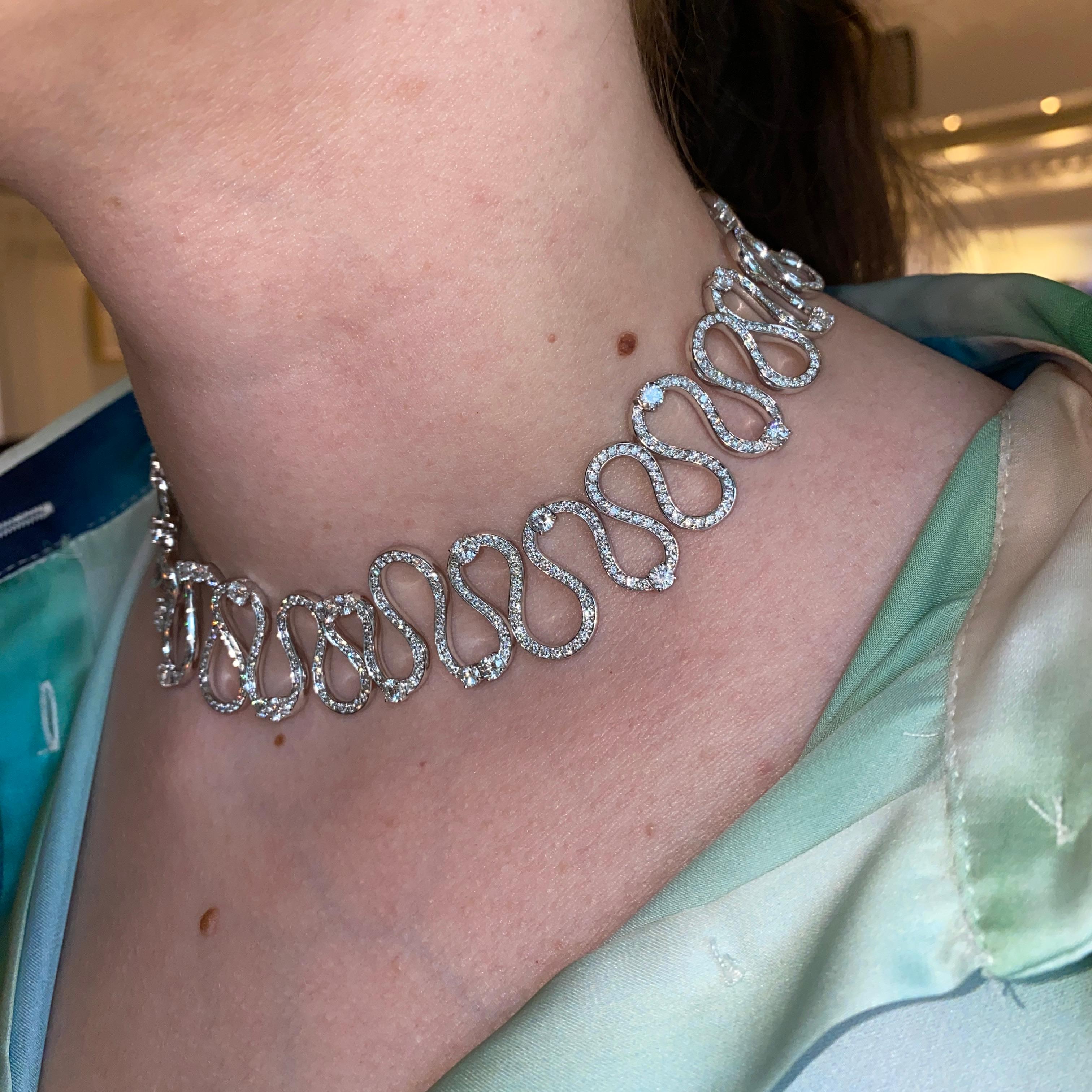 18K White Gold Diamond Wave Choker Necklace For Sale 3