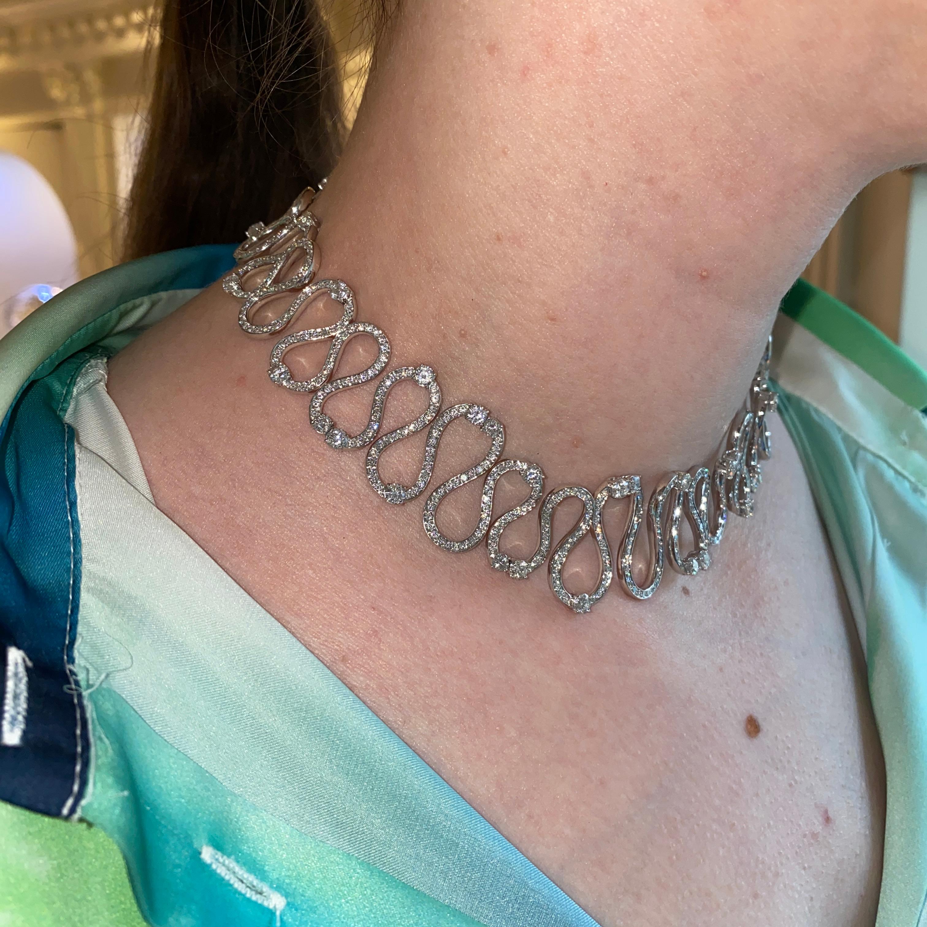 18K White Gold Diamond Wave Choker Necklace For Sale 4