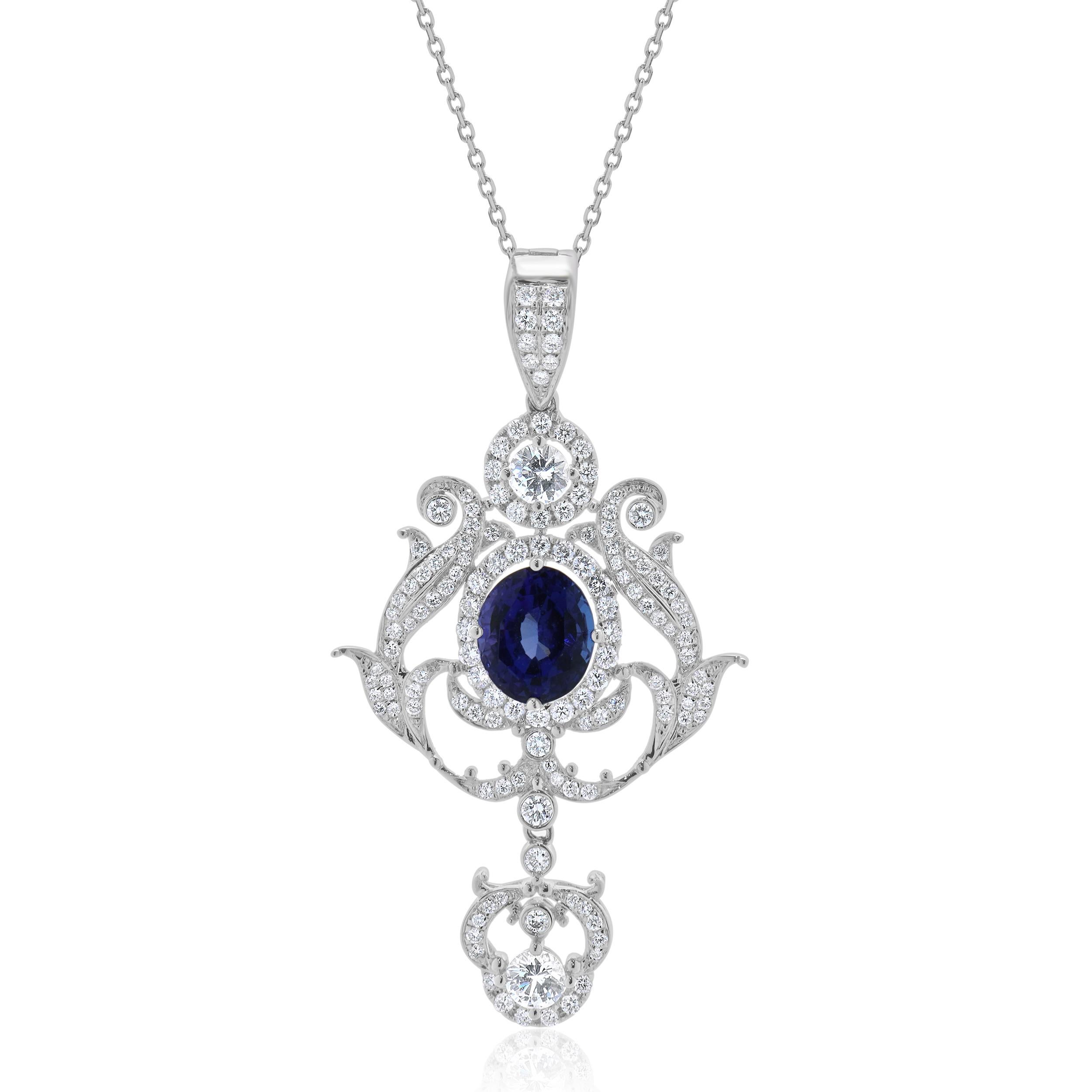 Designer: custom 
Material: 18K white gold
Diamonds: round brilliant cut = 1.13cttw
Color: G
Clarity: SI1
White Sapphire= 0.56cttw
Tanzanite= 3.02cttw
Dimensions: necklace measures 18-inches long 
Weight: 10.57 grams
