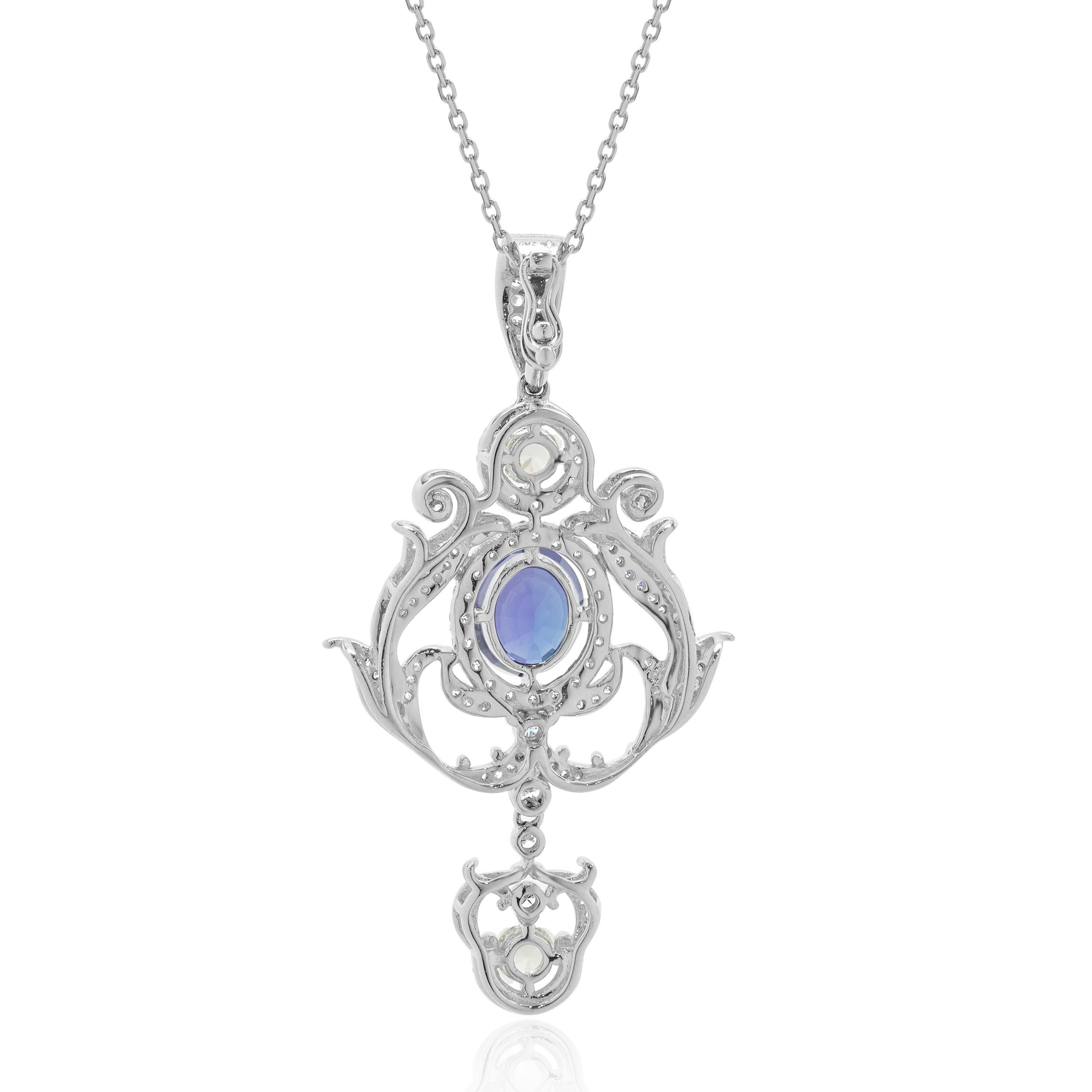Oval Cut 18k White Gold Diamond, White Sapphire, and Tanzanite Art Deco Style Drop Neckla For Sale