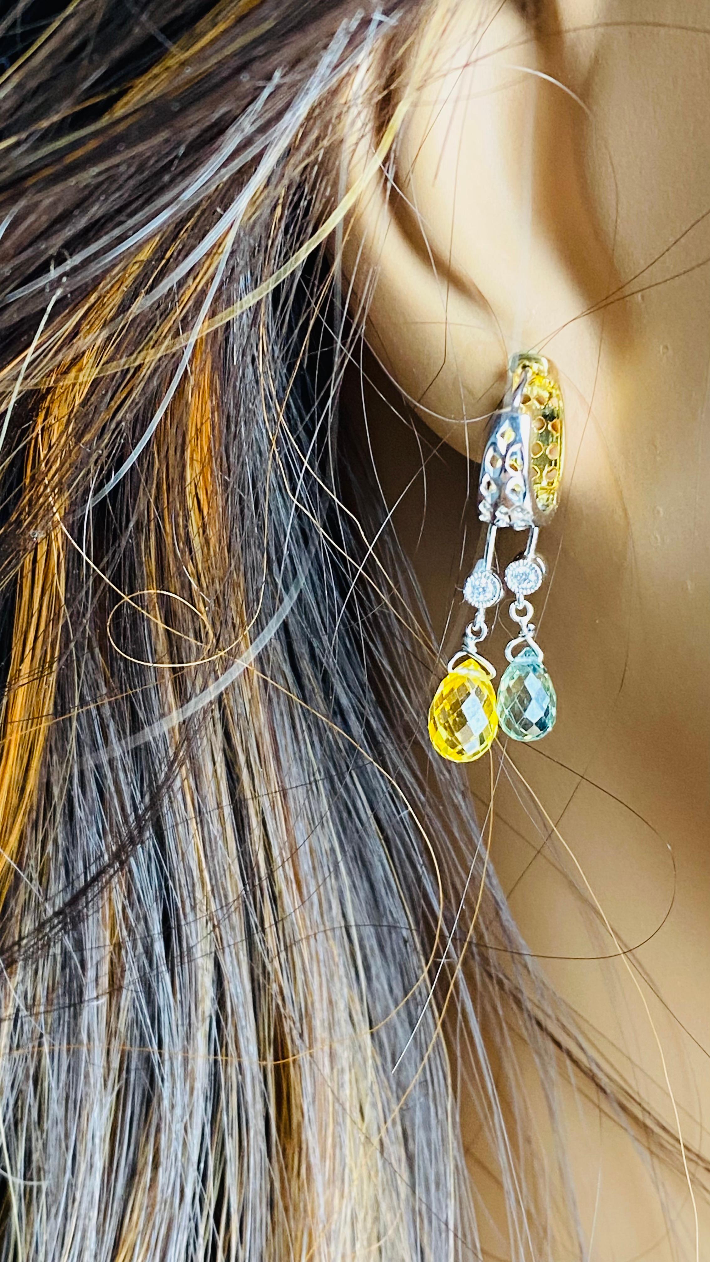 Modern 18K White Gold Diamond Yellow and Green Sapphire Briolette Drops Hoop Earrings For Sale