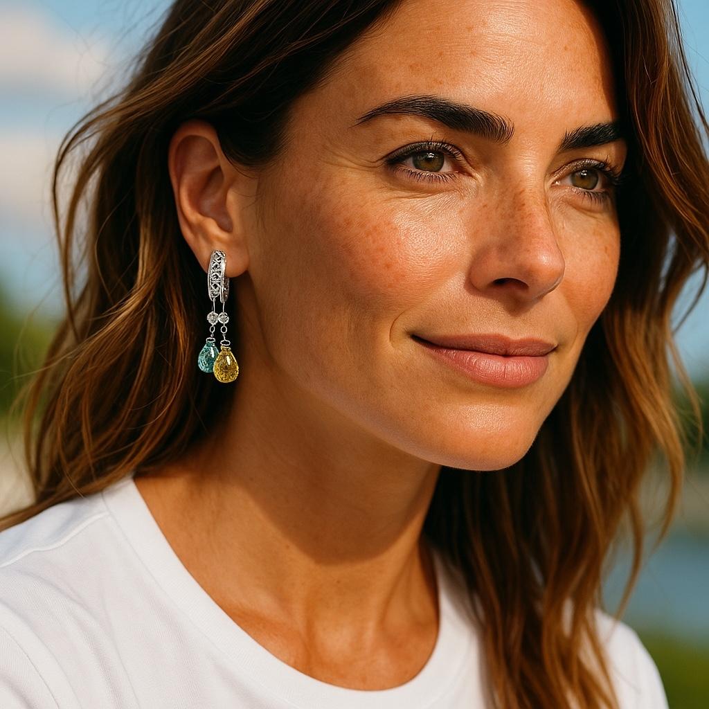 A Vibrant Fusion of Luminous Sapphires and Classic Elegance
Add an alluring pop of color to your accessory lineup with these 18K White Gold Vintage Drop Earrings, featuring green and yellow sapphire briolettes and sparkling diamond accents. Their