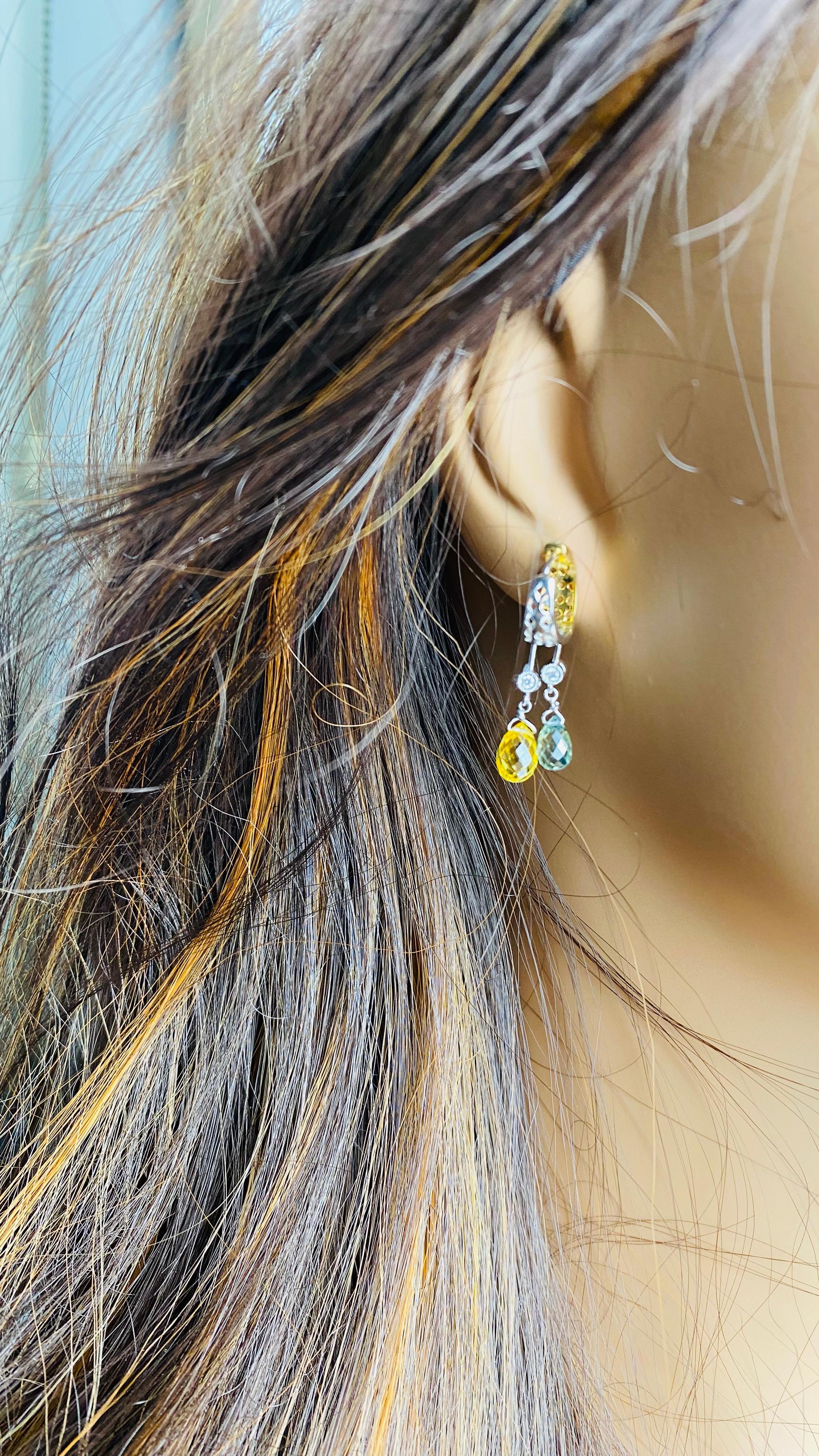 Briolette Cut 18K White Gold Diamond Yellow and Green Sapphire Briolette Drops Hoop Earrings For Sale