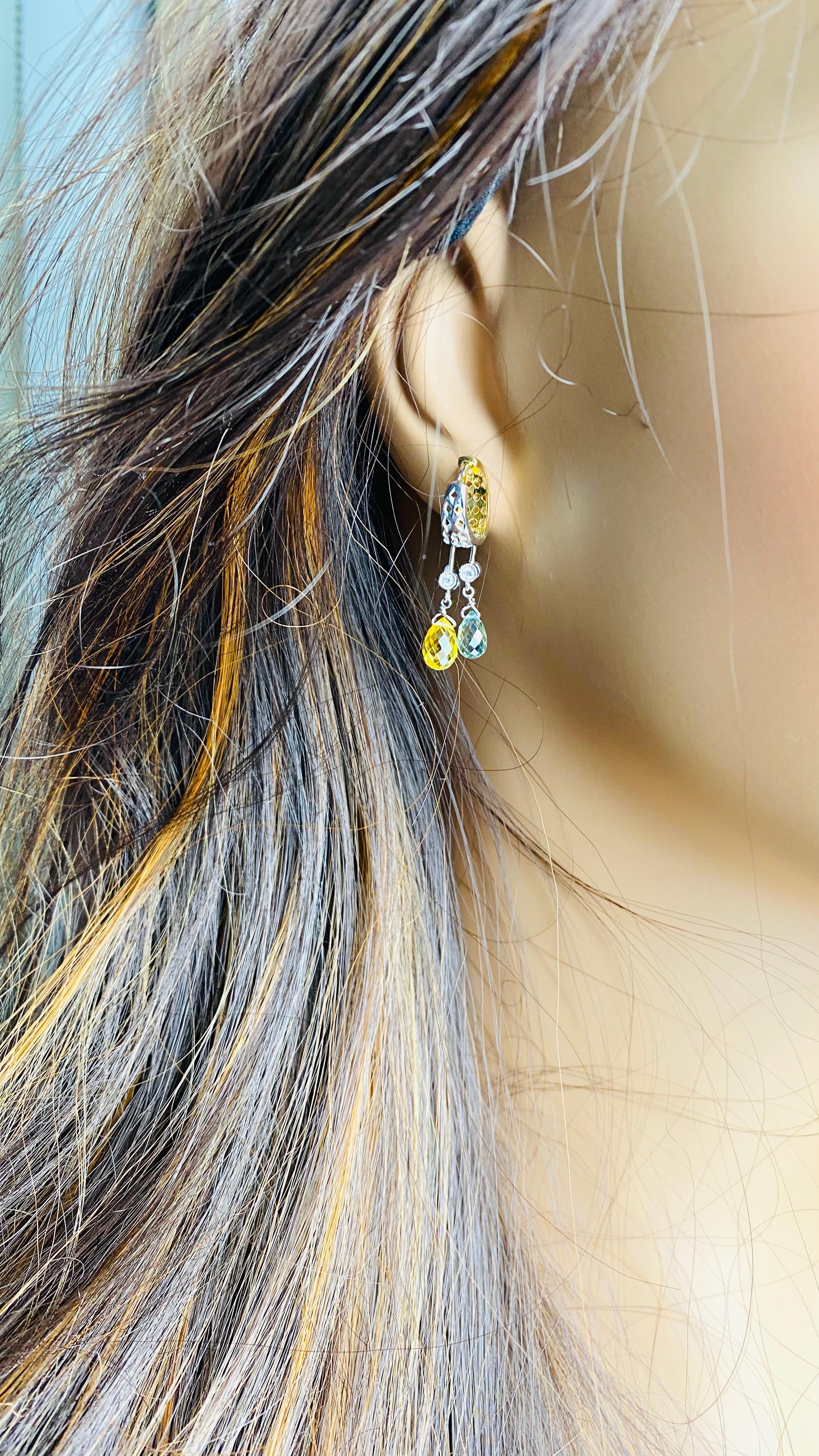 18K White Gold Diamond Yellow and Green Sapphire Briolette Drops Hoop Earrings For Sale 3