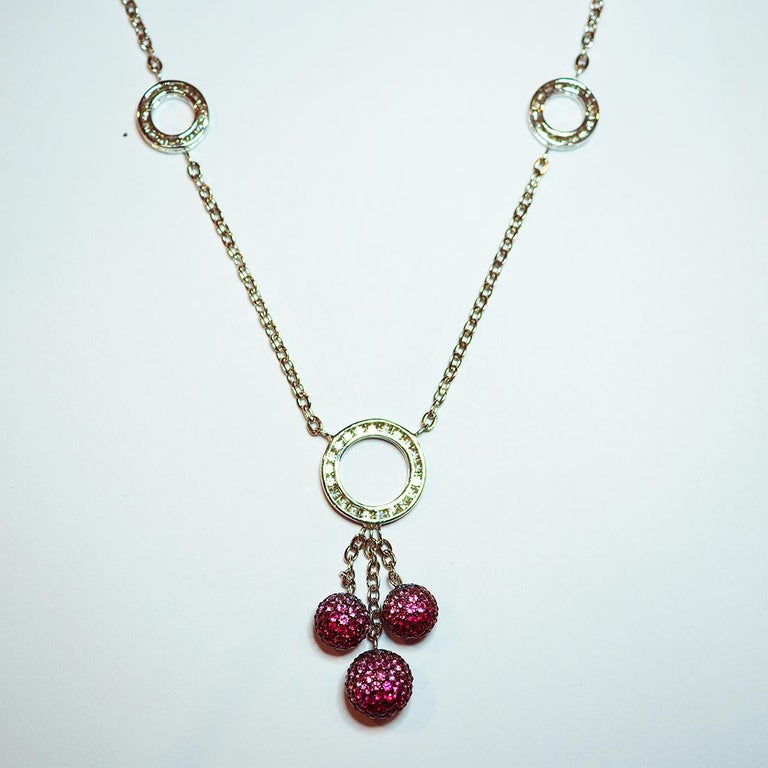 18 Karat White Gold Diamond Ruby and Pink Sapphire Ball Necklace For