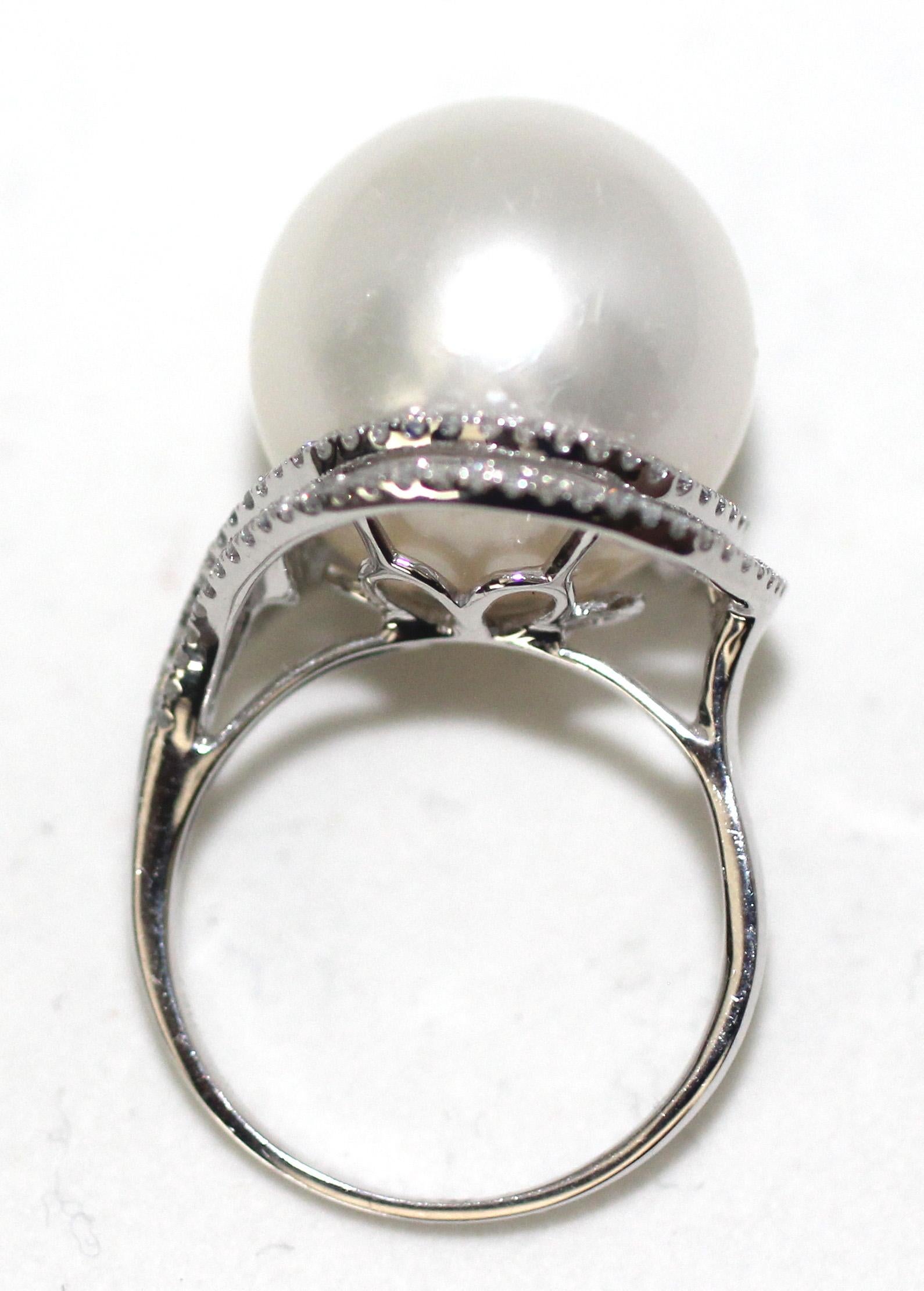 Contemporary 18K White Gold & Diamonds 15.8 mm South Sea Pearl Cocktail Ring