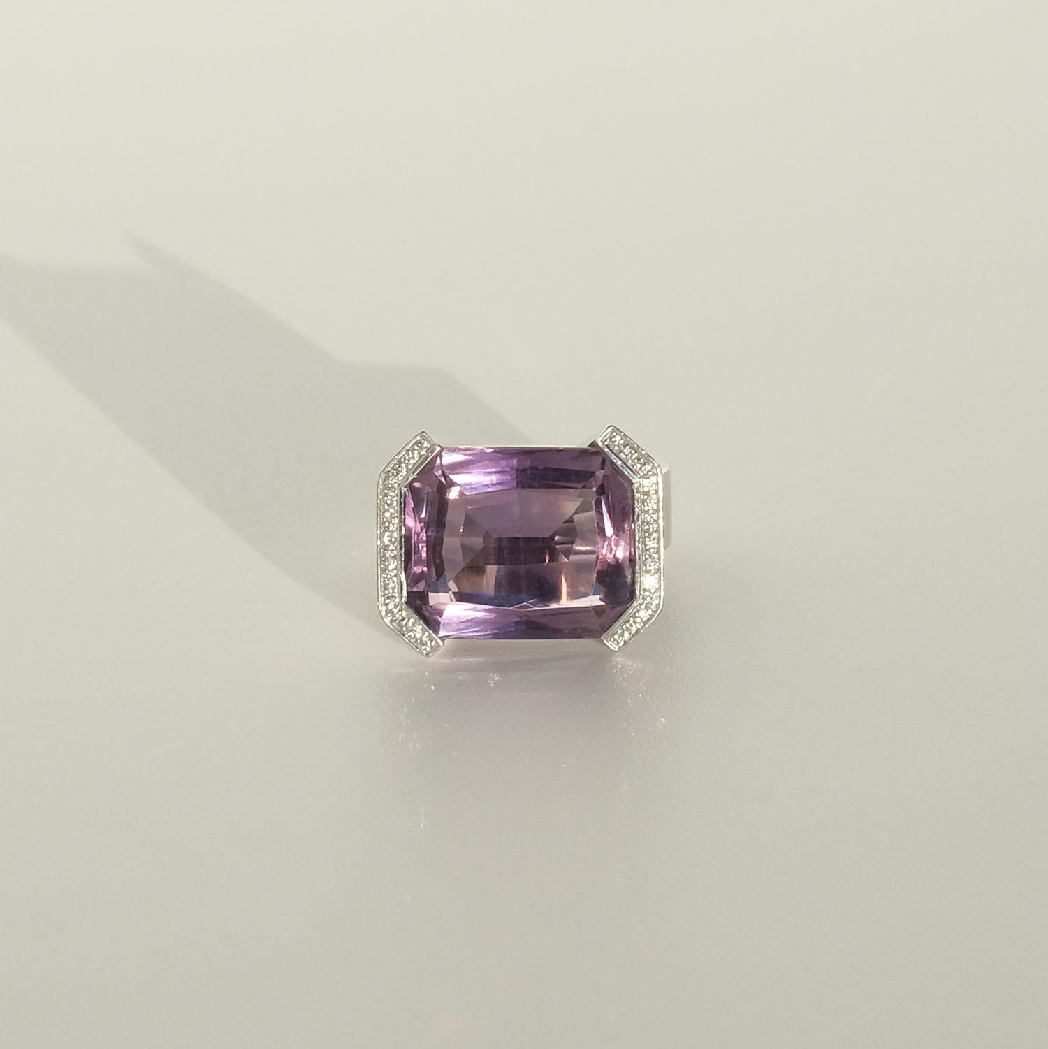 Square Cut 18k White Gold, Diamonds and Amethyst Ring by Swedish Lotta Torstensson For Sale