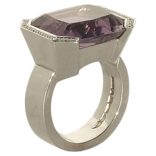 18k White Gold, Diamonds and Amethyst Ring by Swedish Lotta Torstensson For Sale