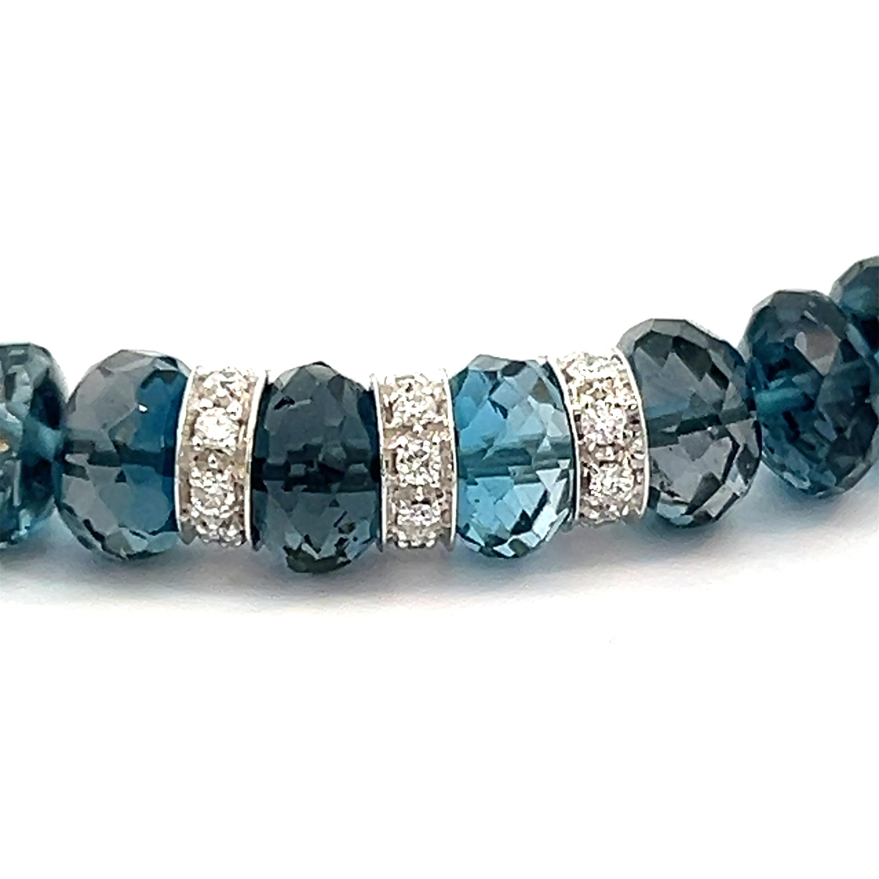 Women's or Men's 18k White Gold Diamonds And Gem Quality Blue Topaz Bead Bracelet For Sale