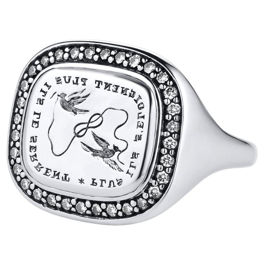 Anello con sigillo in oro bianco 18 carati, diamanti e calcografia in vendita
