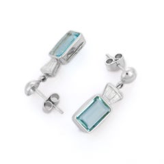 18K White Gold Diamonds and 4.05 ct Octagon Aquamarine Dangle Stud Earrings