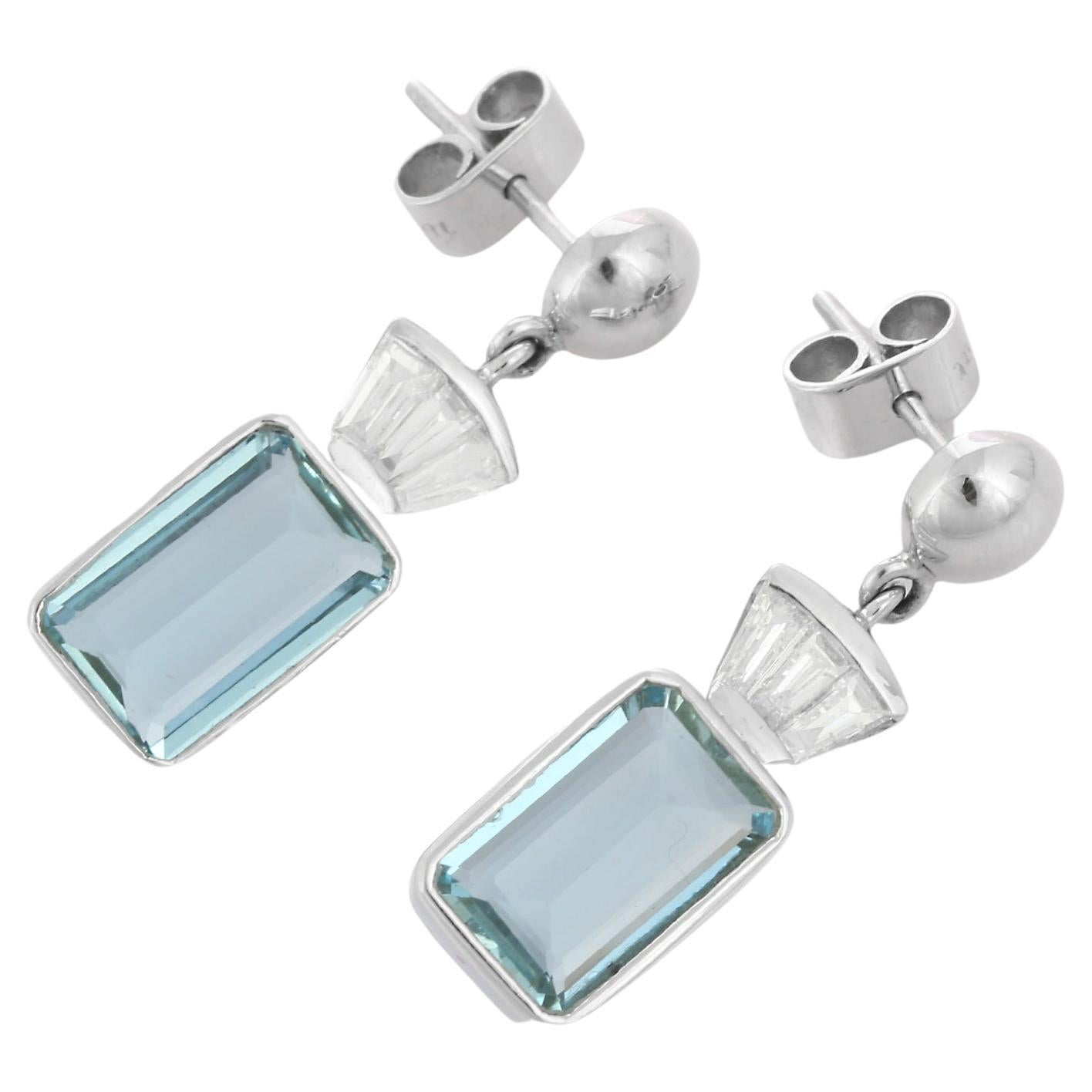 18K White Gold Diamonds and 4.05 ct Octagon Aquamarine Dangle Stud Earrings 