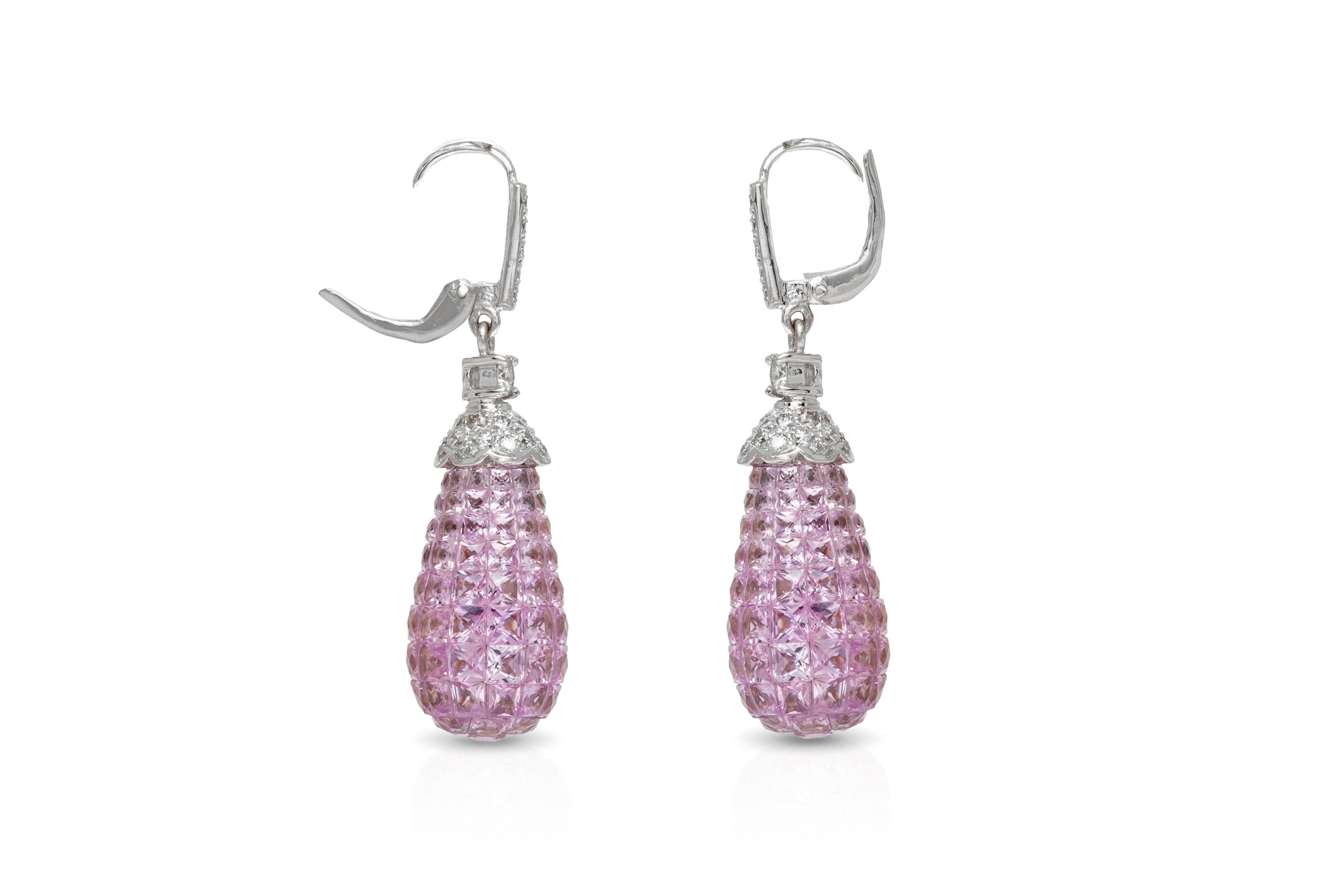 Women's 18 Karat White Gold Diamonds and Pink Sapphire Drop Earrings For Sale