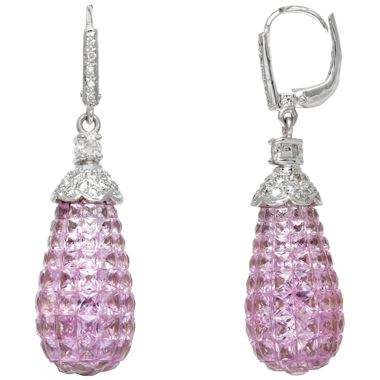 18 Karat White Gold Diamonds and Pink Sapphire Drop Earrings For Sale
