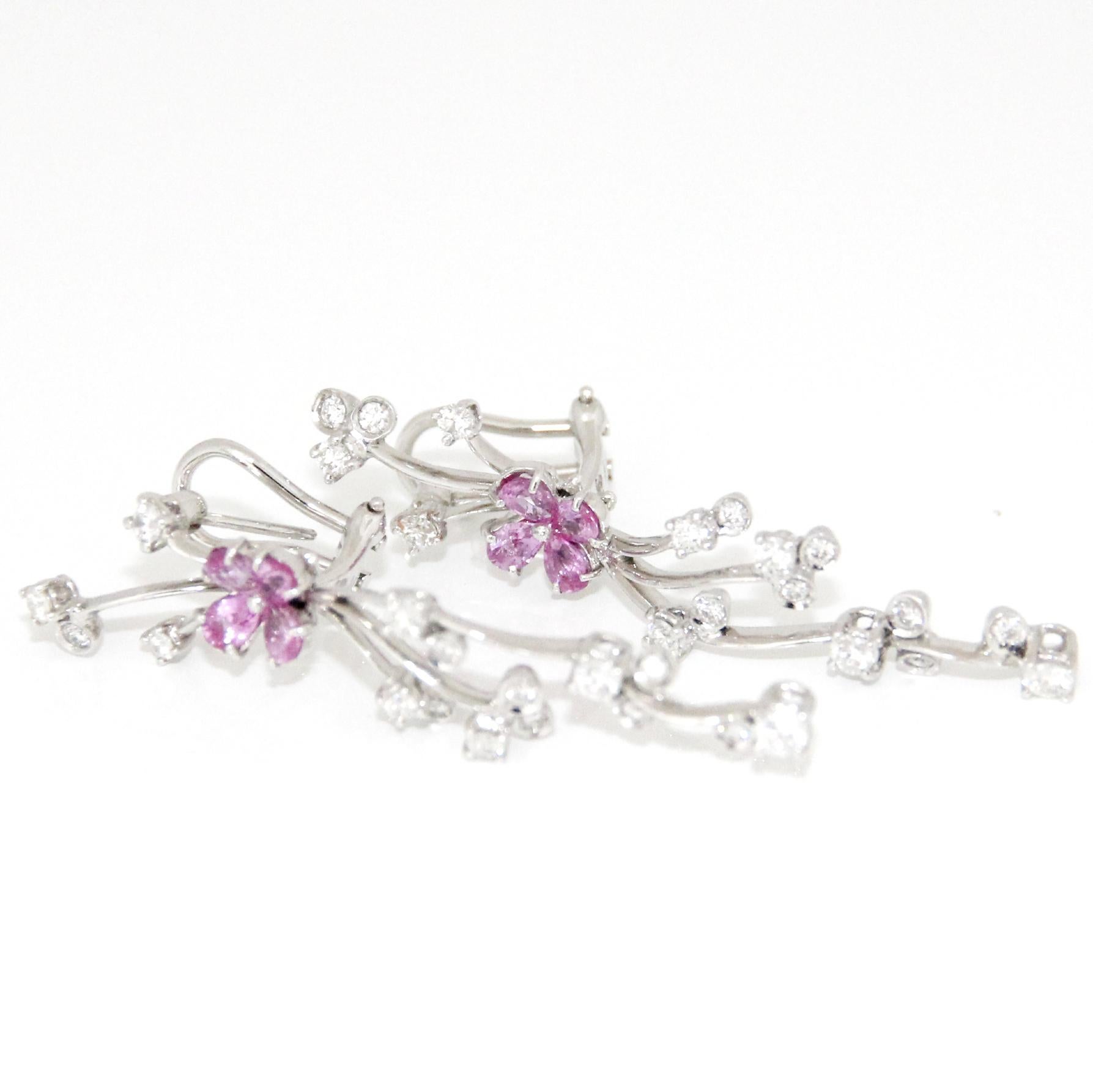 Modern Stefan Hafner 18K White Gold, Diamonds and Pink Sapphire Flower Earrings For Sale