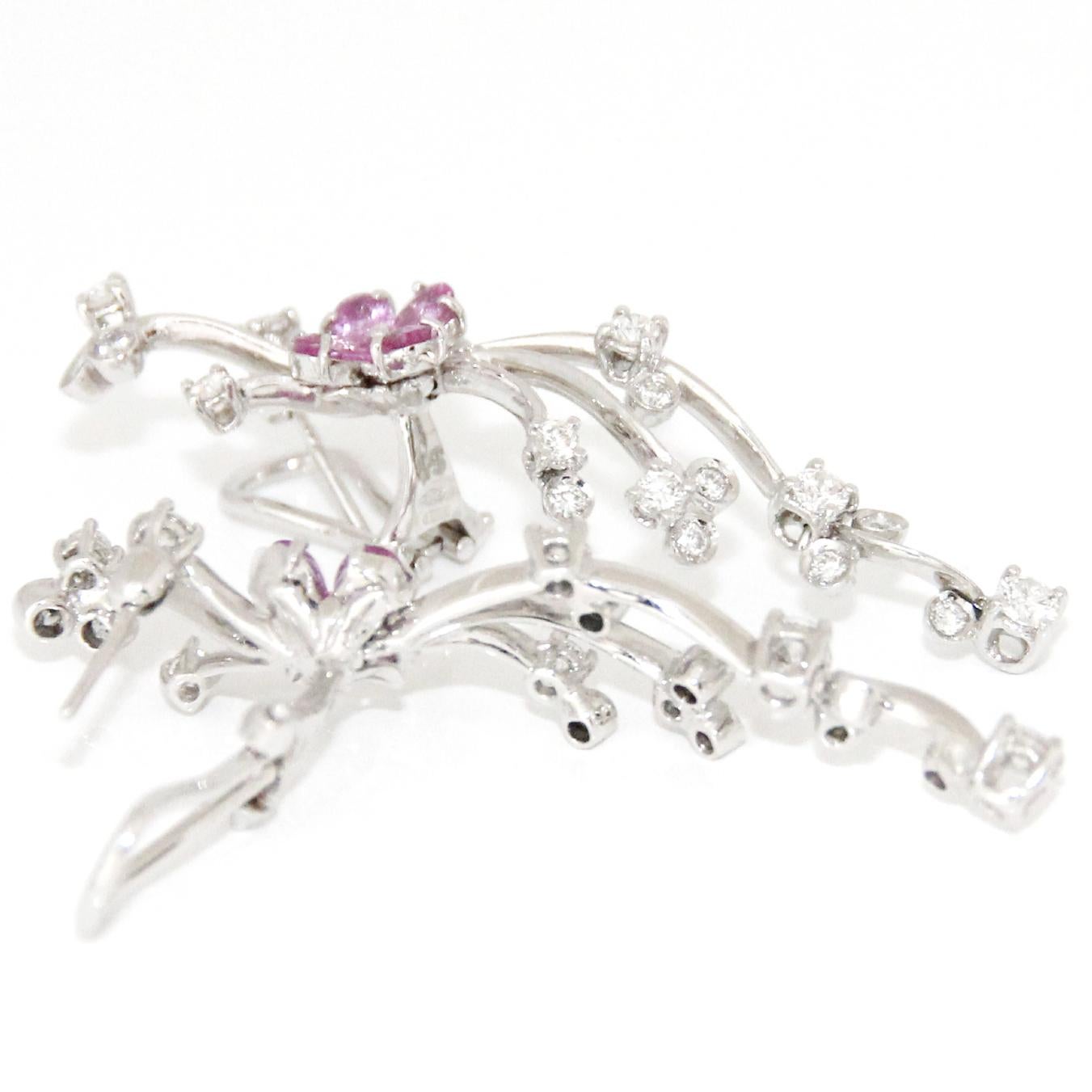 Brilliant Cut Stefan Hafner 18K White Gold, Diamonds and Pink Sapphire Flower Earrings For Sale