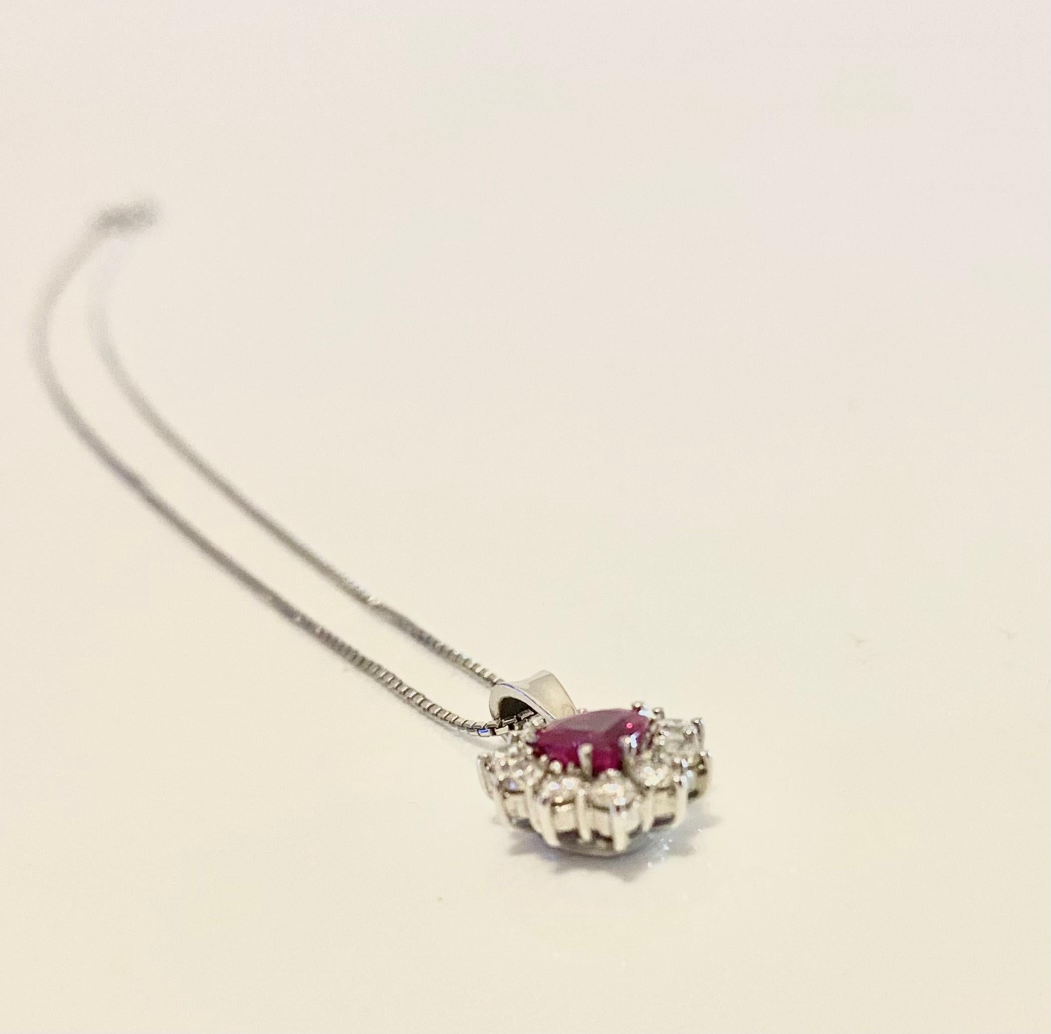 18K White Gold Diamonds Ruby Heart Pendant Necklace 1
