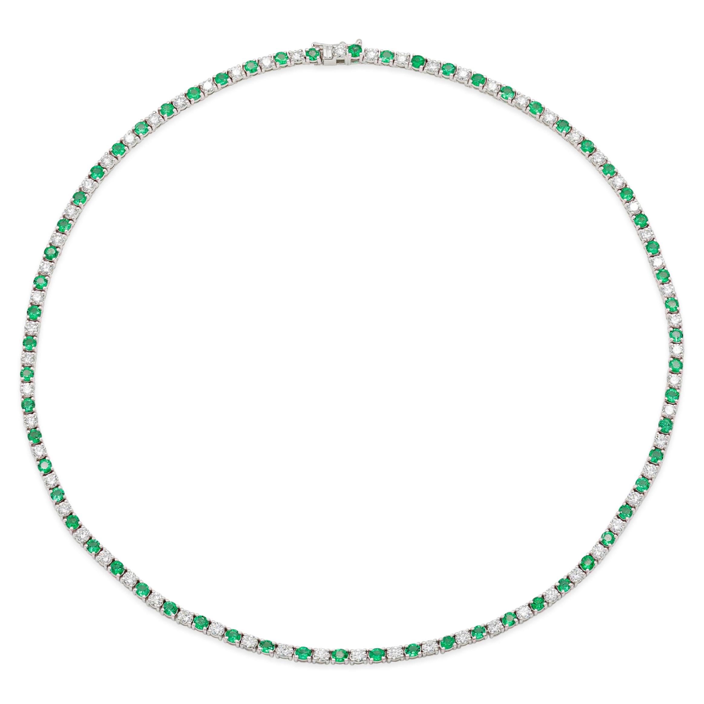 Handmade Classic Tennis Necklace in 18K White Gold with 16 RB Cut Diamonds D color VVS1 clarity, weighting in total 5.37 ct, & 61 RB Cut Natural Green Emeralds, weighting in total 5.50ct. This stunning piece is 16.00 inches long. 

Viewings
