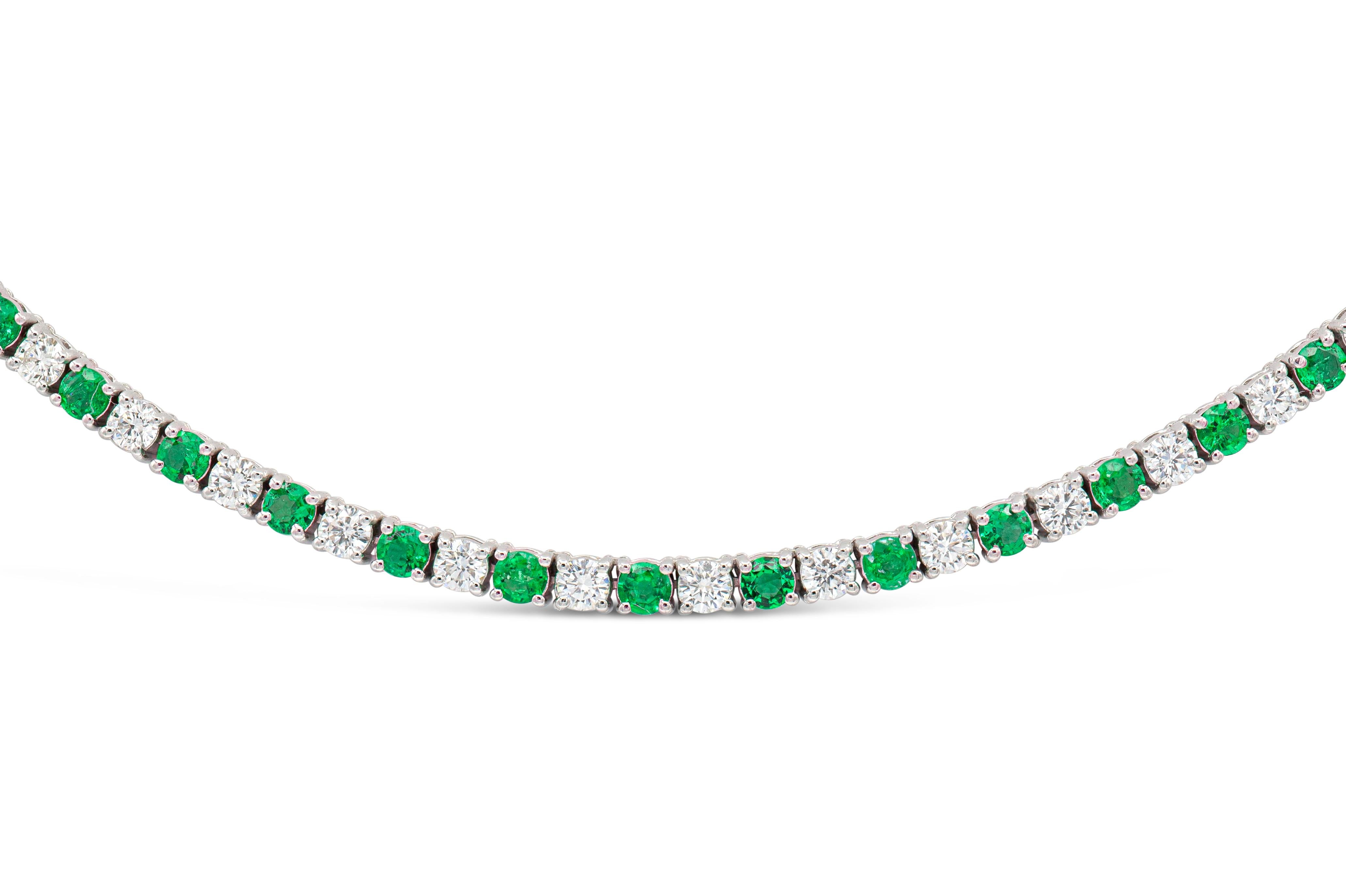 Modernist 18K White Gold Diamonds & Green Emeralds Classic Tennis Necklace  For Sale