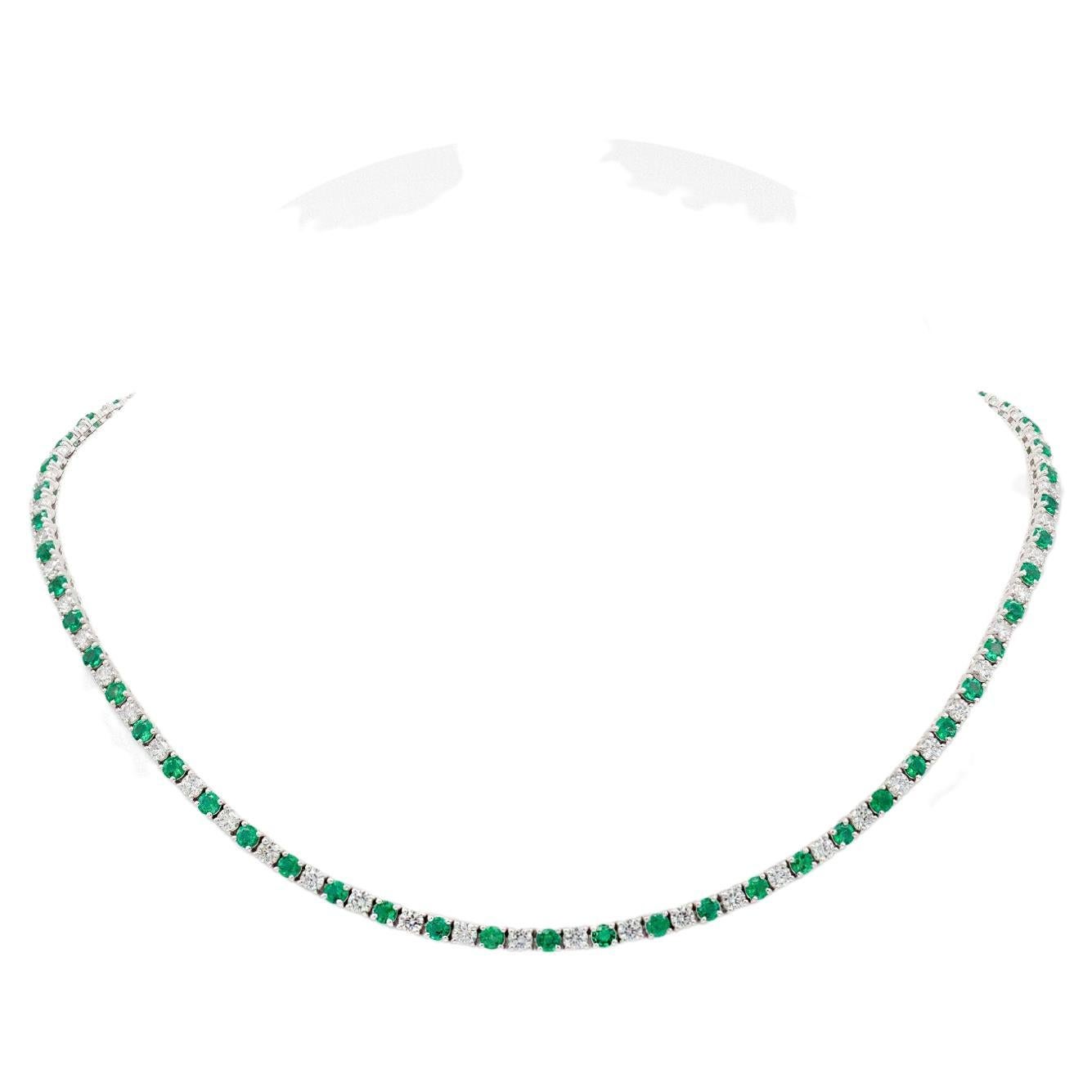 18K White Gold Diamonds & Green Emeralds Classic Tennis Necklace  For Sale