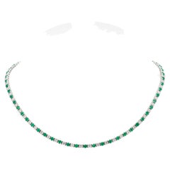 18K White Gold Diamonds & Green Emeralds Classic Tennis Necklace 