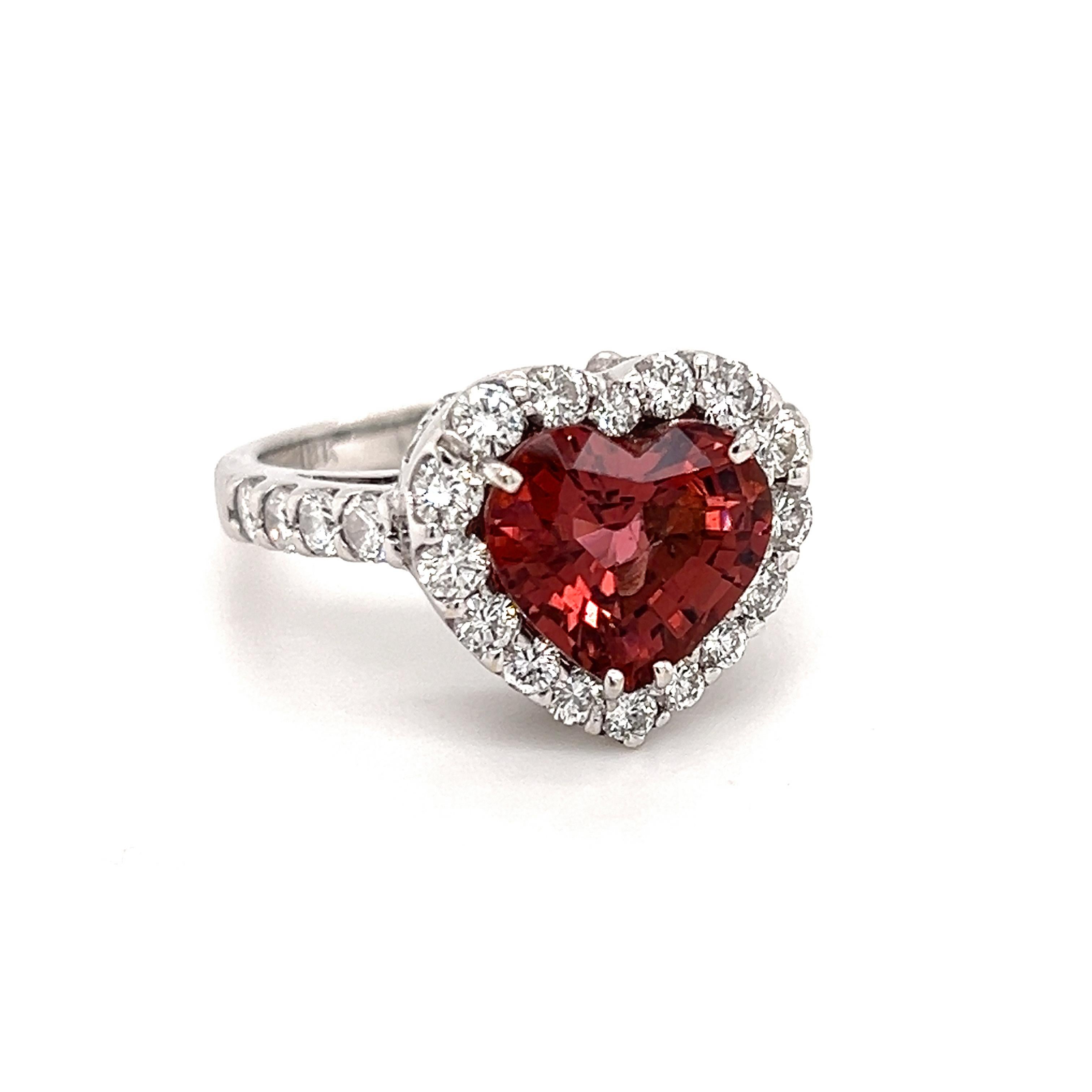 Heart Cut 18K White Gold Diamonds Heart Shape Red Tourmaline Cocktail Ring For Sale