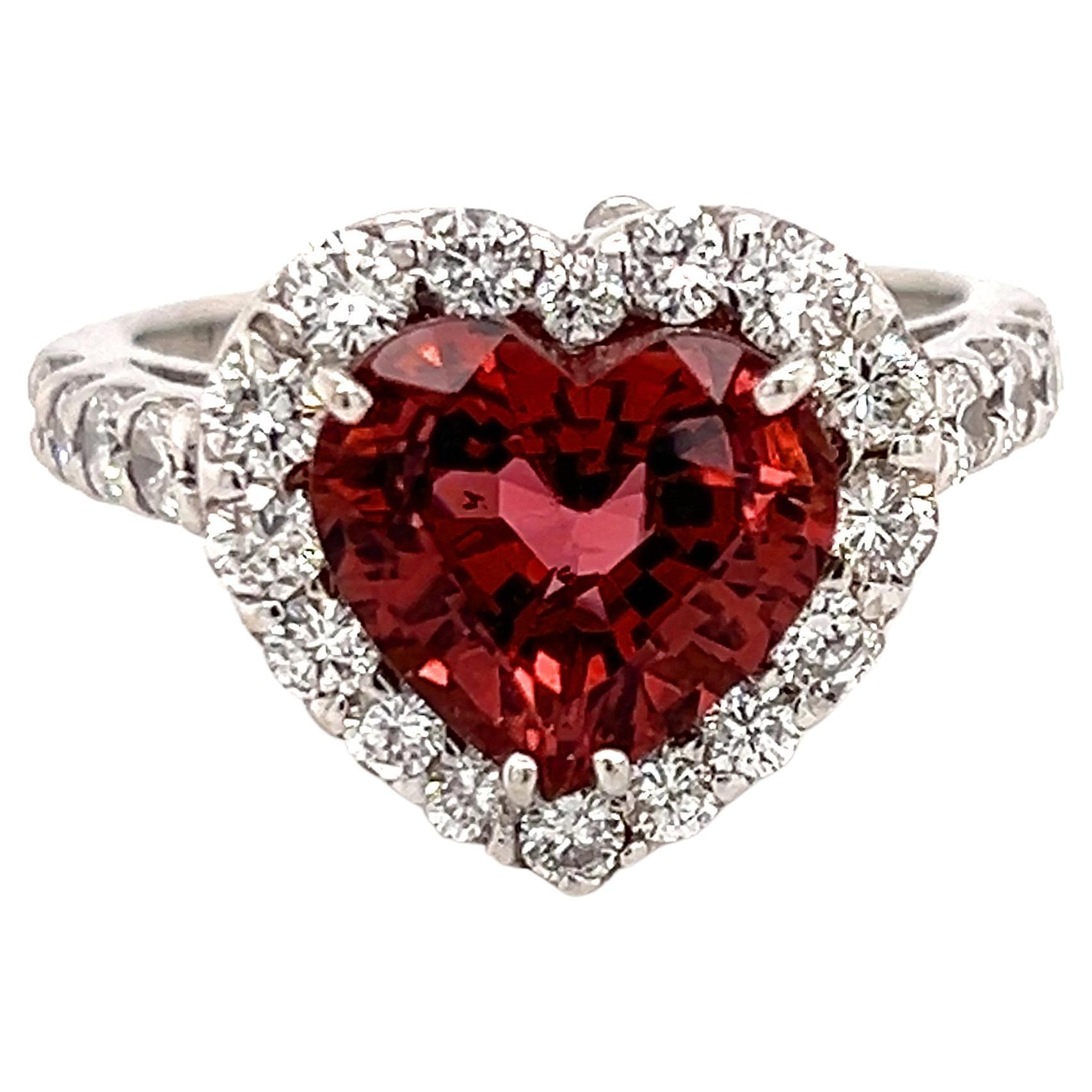 18K White Gold Diamonds Heart Shape Red Tourmaline Cocktail Ring For Sale