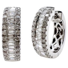 18k White Gold Diamonds Huggie Earrings with Baguettes and Round Brilliant
