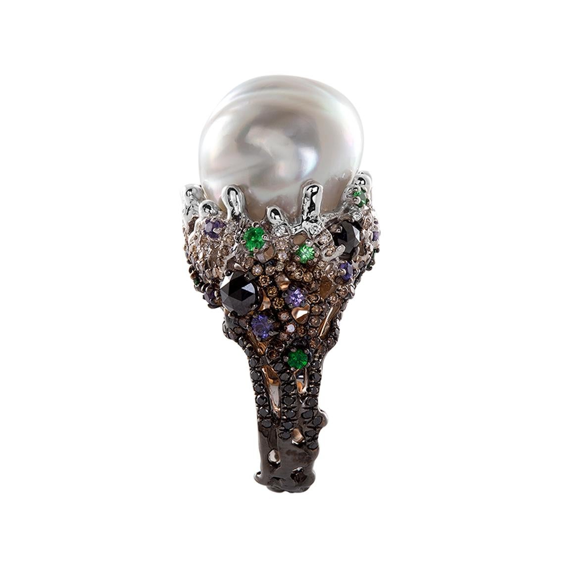 White Gold (with black rhodium) and Rose Gold, White/Brown/Black Diamonds 2.63 cts, Purple Sapphires 0.54 cts, Tsavorites 0.39 cts, Large Baroque Pearl 16 mm. 

Gorgonia Ring, is a tribute to the Barrier Reef where colour gemstones are encrusted in