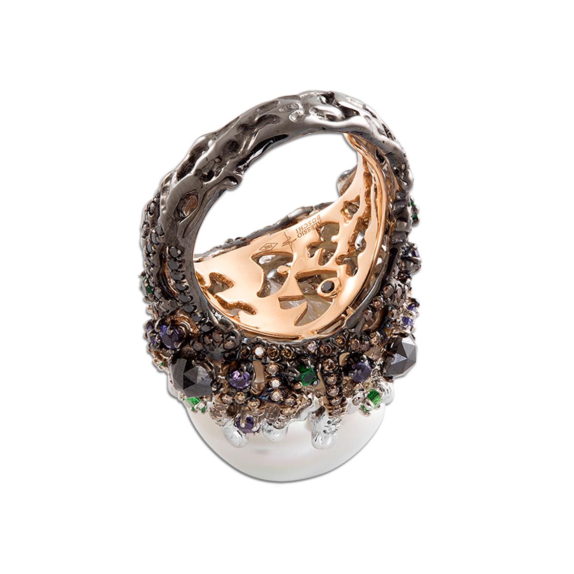 Modern 18k White Gold, Diamonds, Purple Sapphires, Tsavorites, Baroque Pearl, Ring For Sale