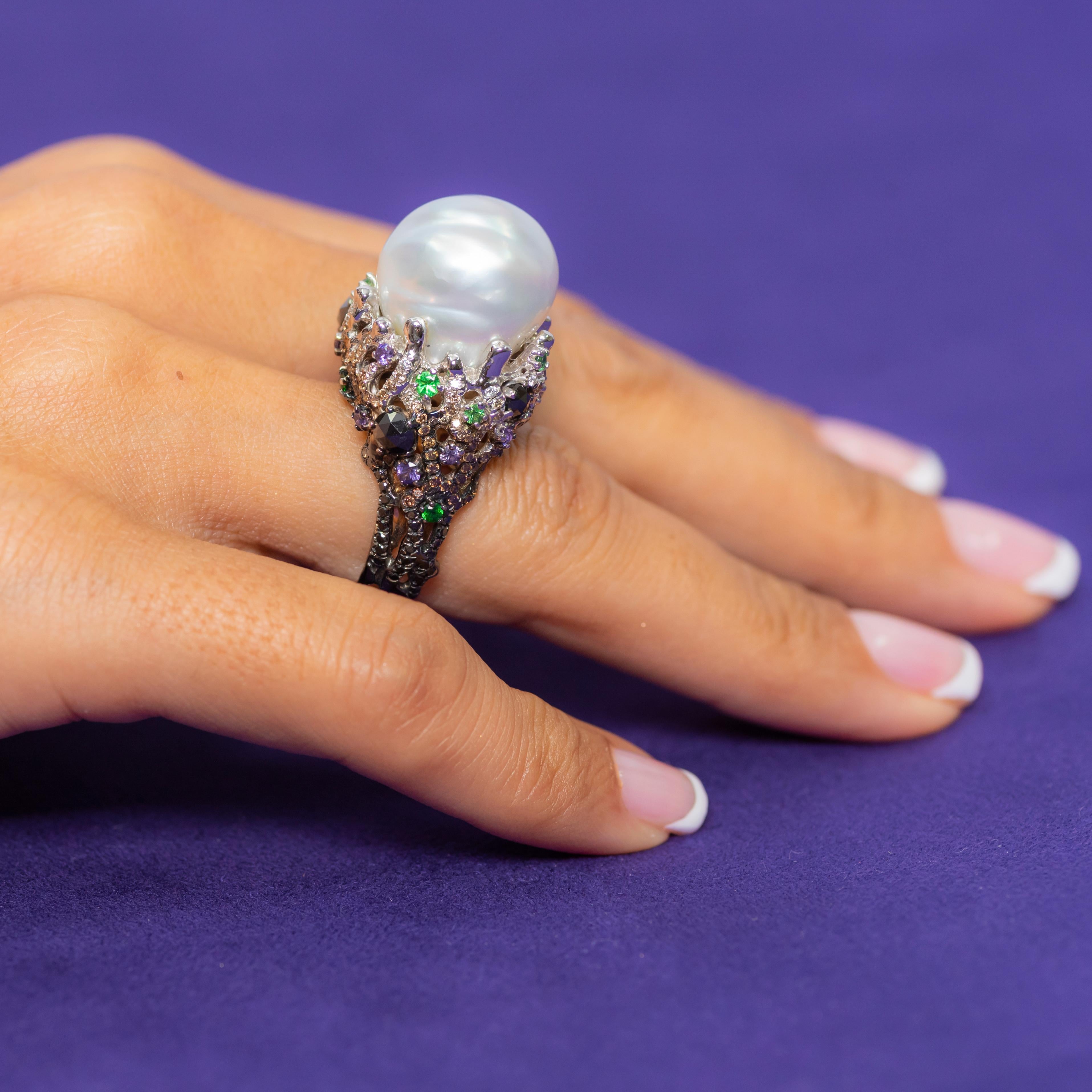 Rose Cut 18k White Gold, Diamonds, Purple Sapphires, Tsavorites, Baroque Pearl, Ring For Sale