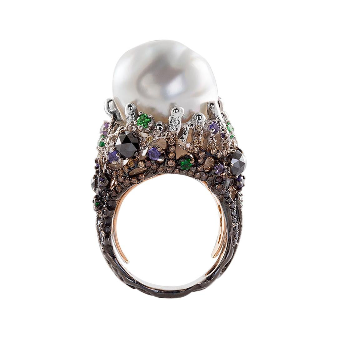 18k White Gold, Diamonds, Purple Sapphires, Tsavorites, Baroque Pearl, Ring