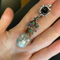 18k White Gold, Diamonds, Purple Sapphires, Tsavorites, Baroque Pearls, Earrings
