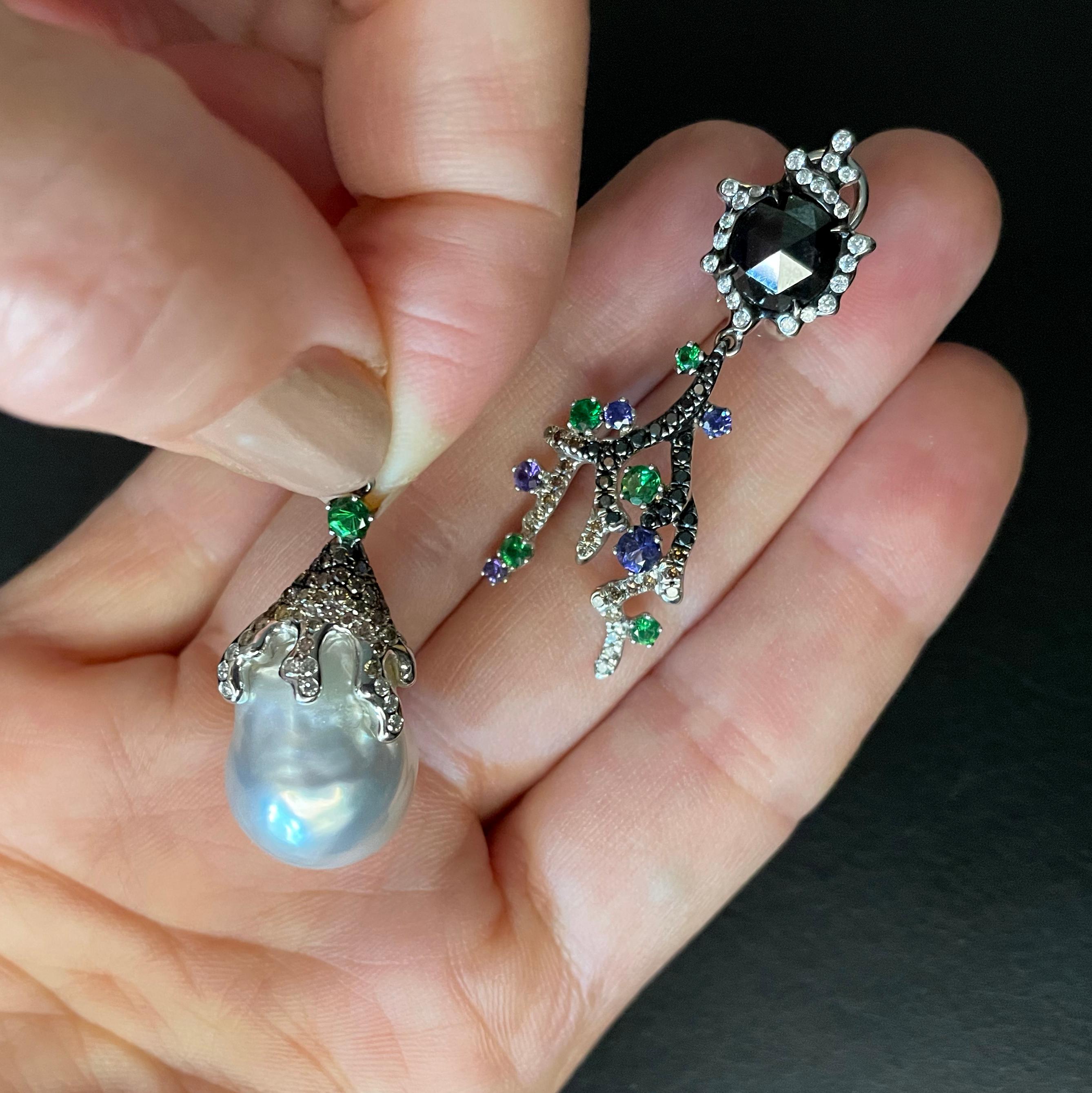 Modern 18k White Gold, Diamonds, Purple Sapphires, Tsavorites, Baroque Pearls, Earrings For Sale