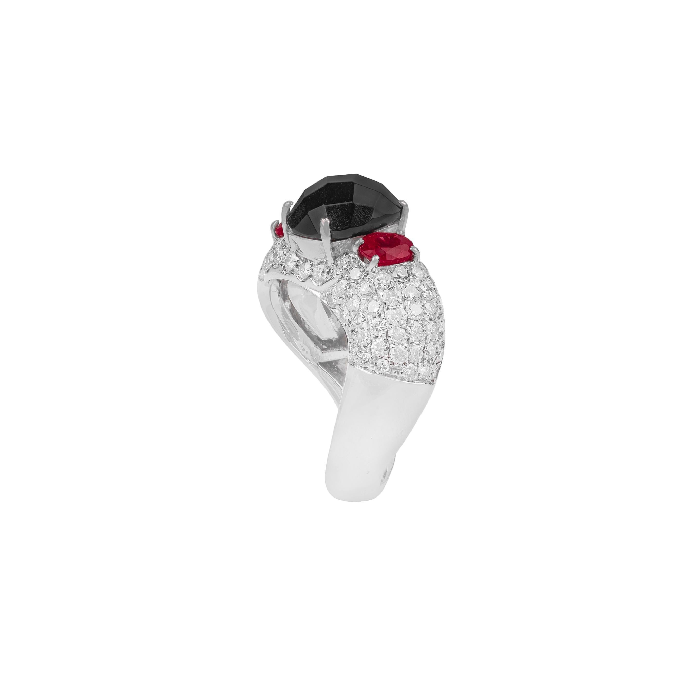 For Sale:  18k White Gold, Diamonds, Rubies and Onyx Band Ring 2