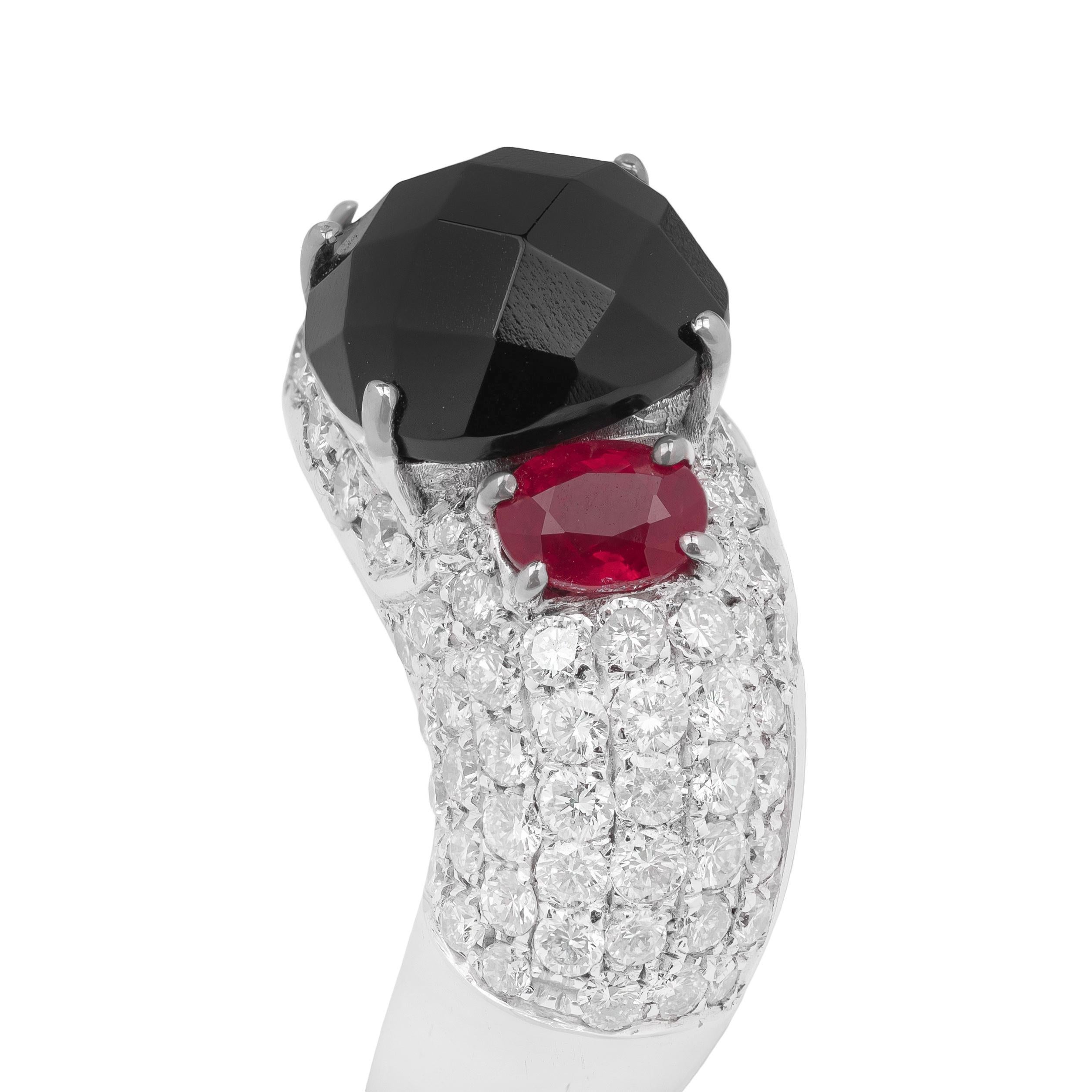 For Sale:  18k White Gold, Diamonds, Rubies and Onyx Band Ring 4