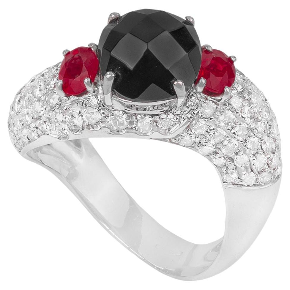 For Sale:  18k White Gold, Diamonds, Rubies and Onyx Band Ring
