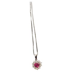 18K White Gold Diamonds Ruby Heart Pendant Necklace
