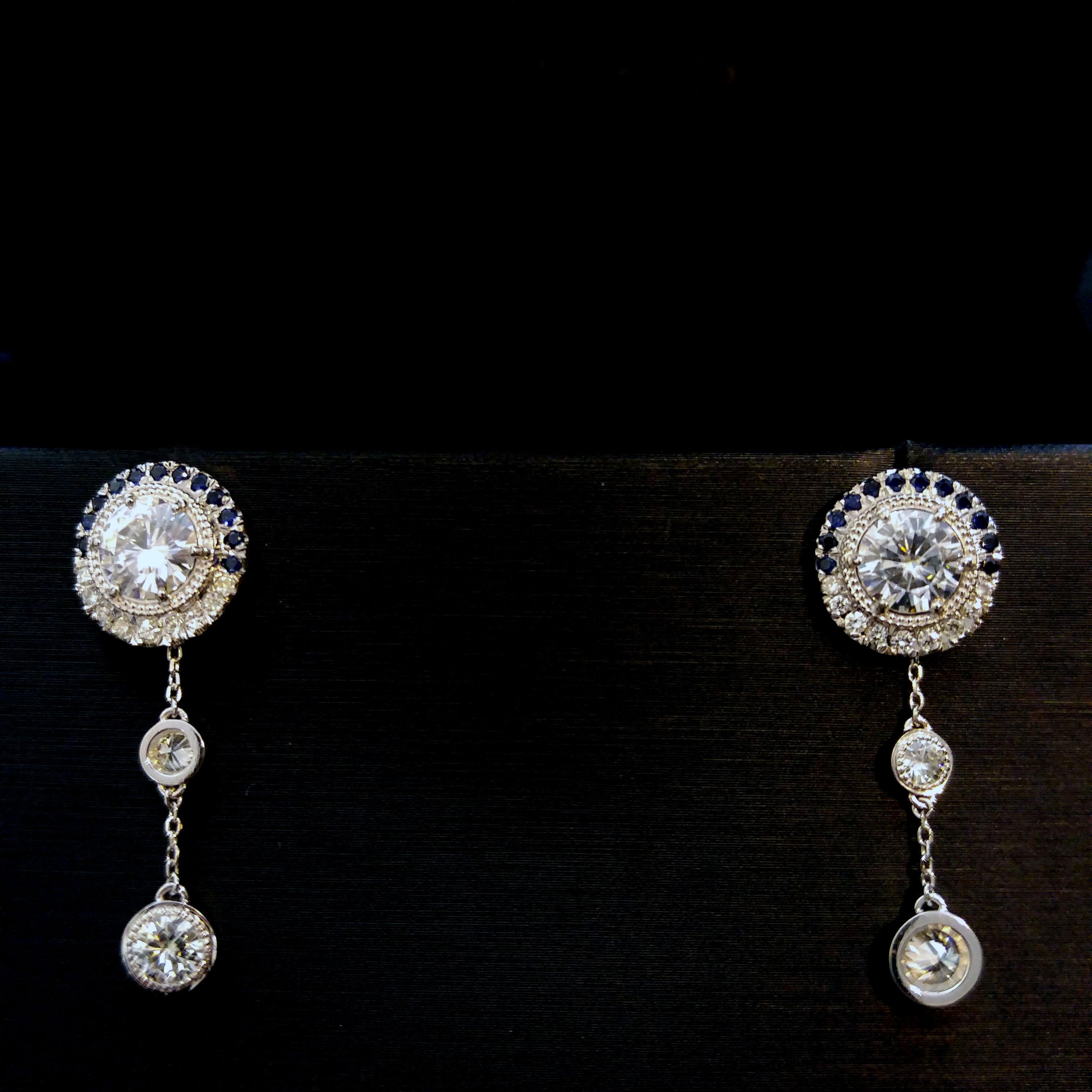 Brilliant Cut 18 Karat White Gold Diamonds Sapphires Art Deco Style Convertible Drop Earrings For Sale
