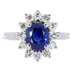 Anello Diana in oro bianco 18 carati con 1,1 carati totali di diamanti e zaffiro, certificato NGI