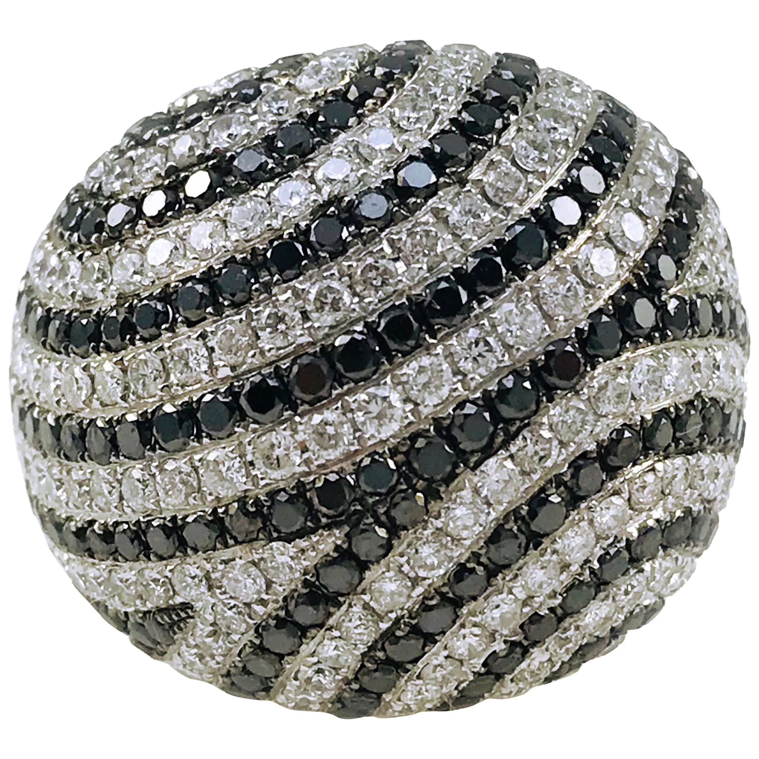 18K White Gold Dome Cocktail Ring with 7.40ctw Black & White Diamonds