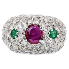 18k White Gold Dome Ring 2.72 Ct Natural Ruby, Emerald and Diamonds IGI Cert