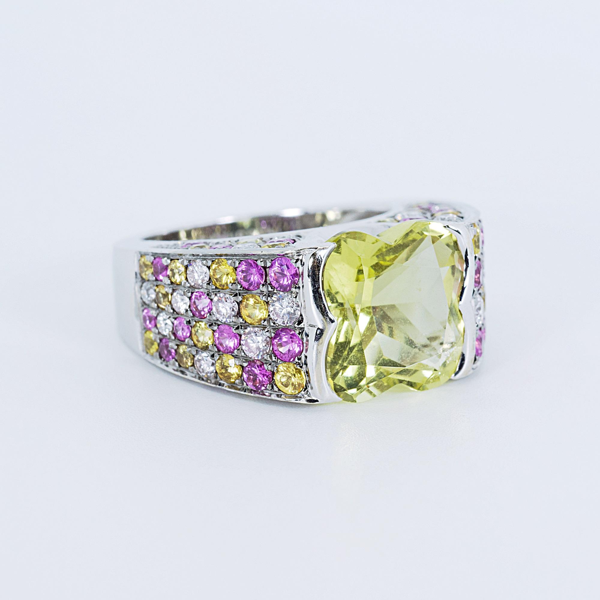 18 Karat WG Mauboussin Ring 8,45 Karat natürlicher Zitronenquarz Saphir und Diamanten (Gemischter Schliff)