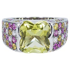 18K White Gold Dome Ring 8.45 Ct Natural Lemon Quartz, Sapphire and Diamonds