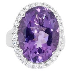 18k White Gold Dome Ring with 9.25 ct Natural Amethyst and Diamonds IGI Cert