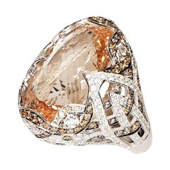 18k White Gold Dome Ring with Central Morganite and White and Brown Diamonds