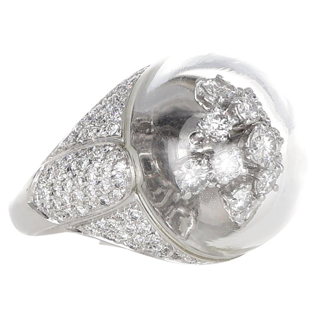 18K White Gold Dome Ring with Crystal and Diamond Flower