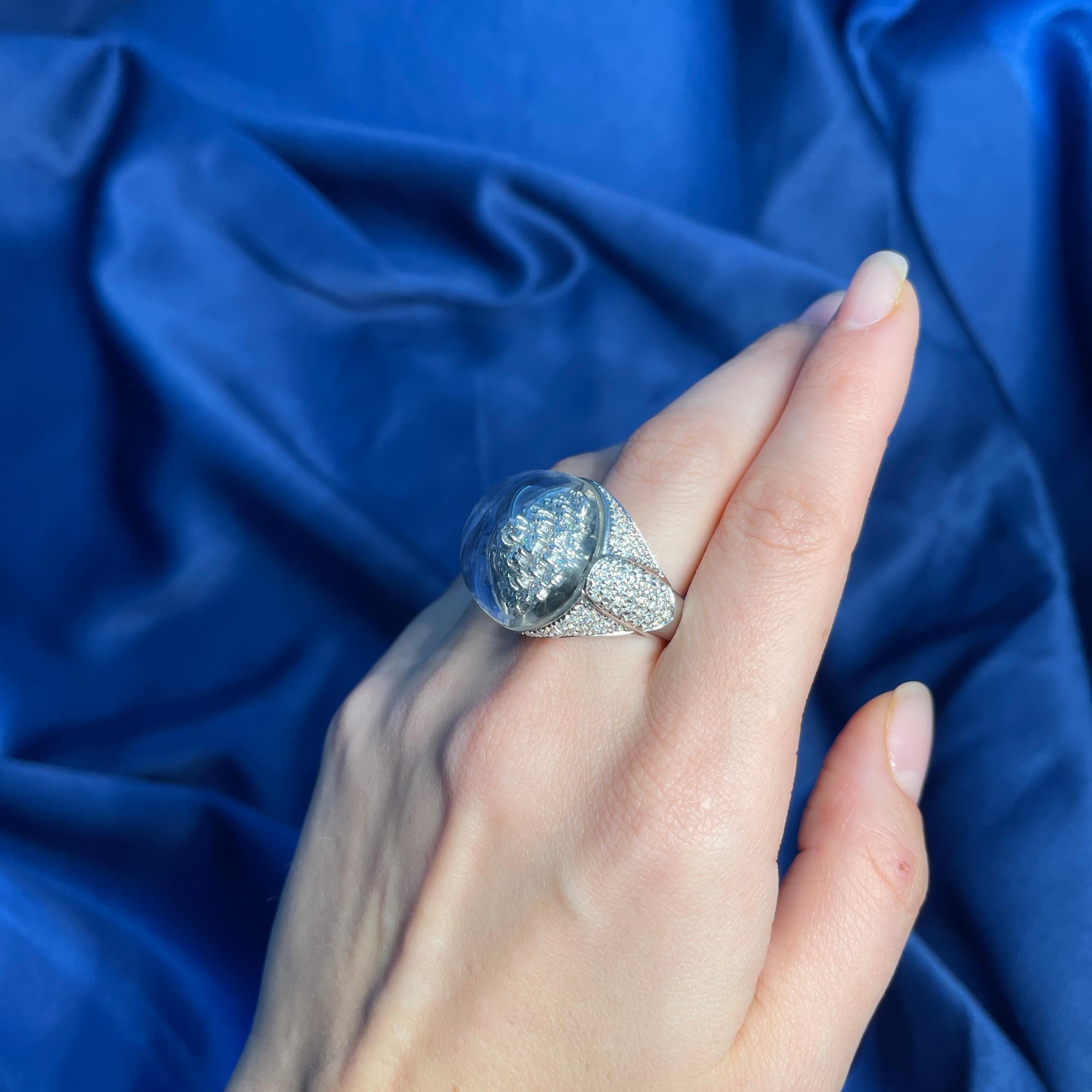 18K White Gold Dome Ring with Snowflake Pavé Diamonds For Sale 6